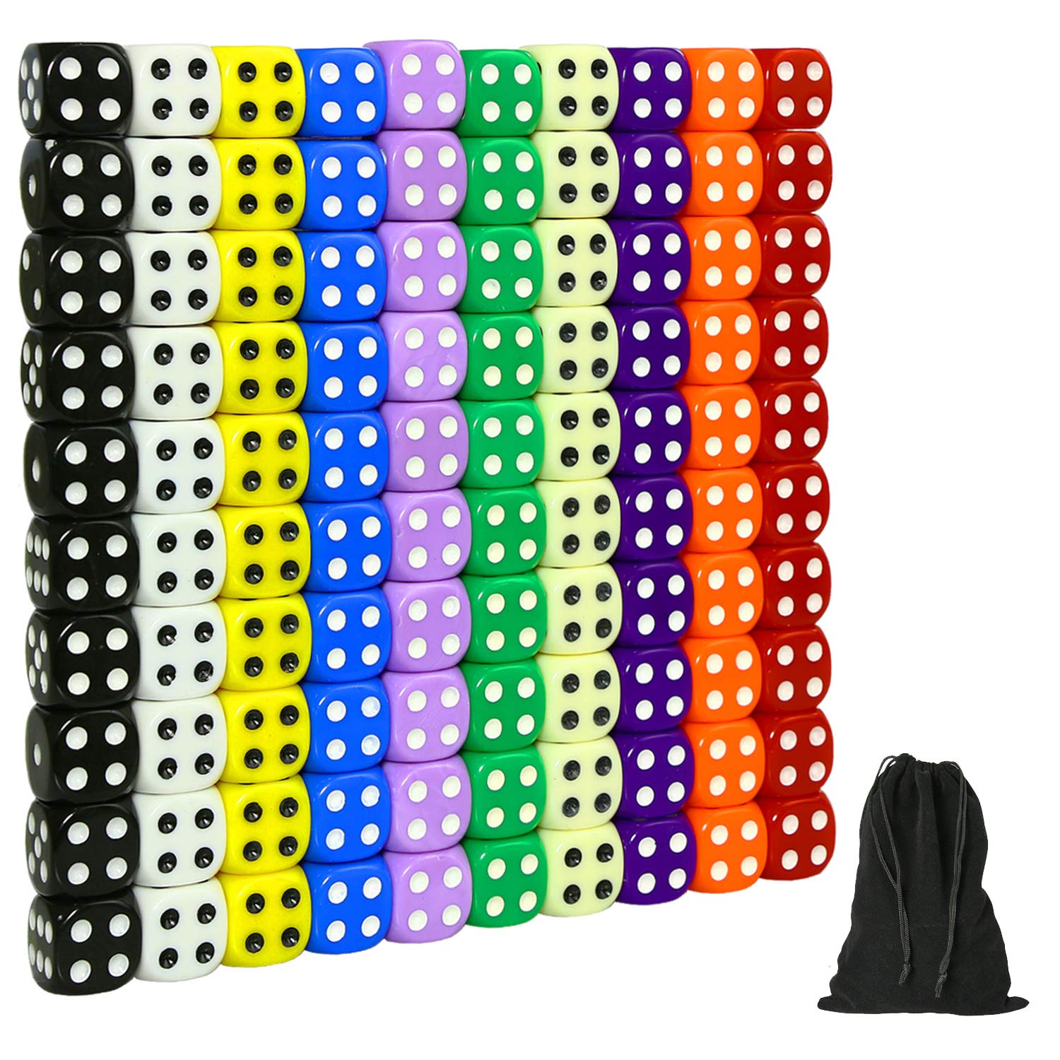 SUNMON 100 Pcs Multi-Color Dice Set - 16MM 10 Assorted Color with 10 Pcs Each, D6 Standard Dice with Extra Carrying Bag, Perfect for Board & Dice Games and Other Casino Games