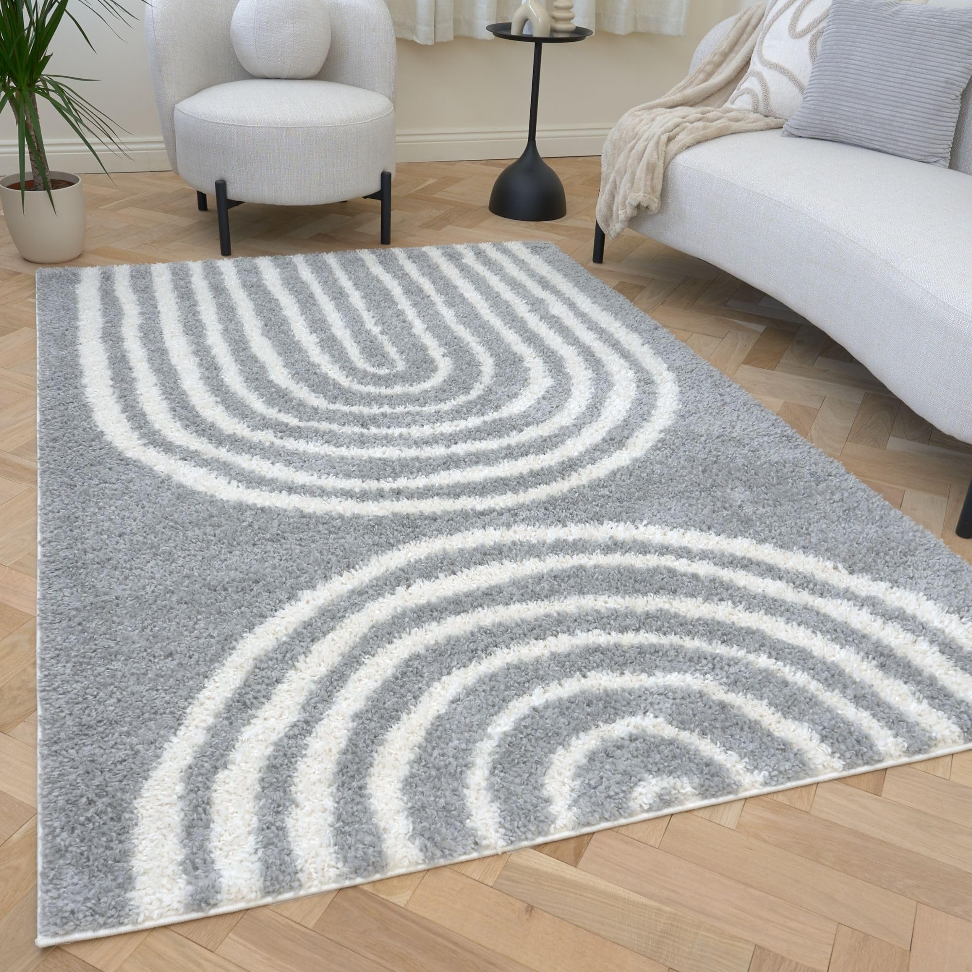 THE RUGS Moodi Rainbow Design Shaggy Soft High Pile Living Room Rug Runner in Grey | Size: 200cm x 290cm