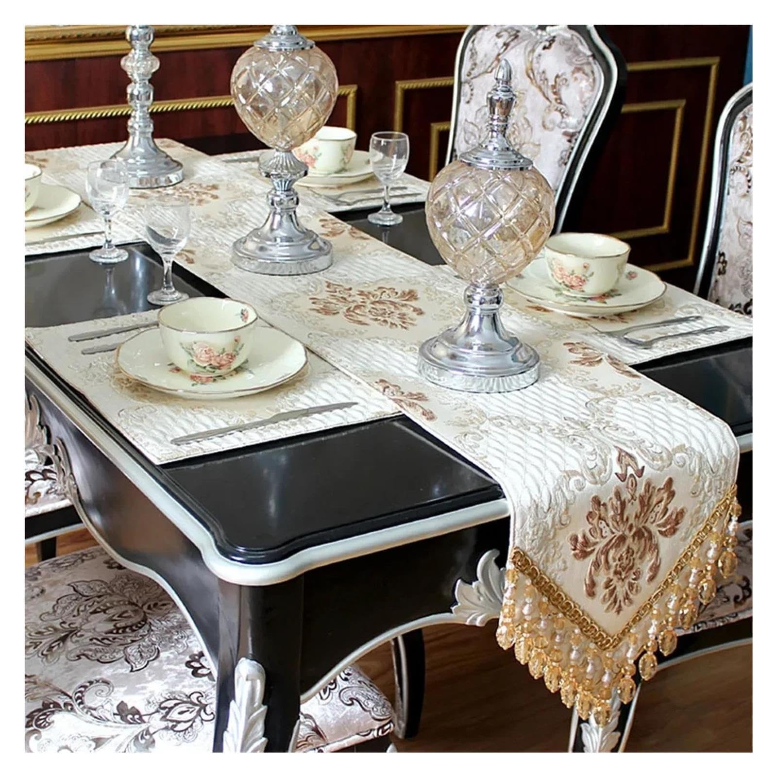 Tischläufer mit Quasten Beiger Jacquard-Tischläufer