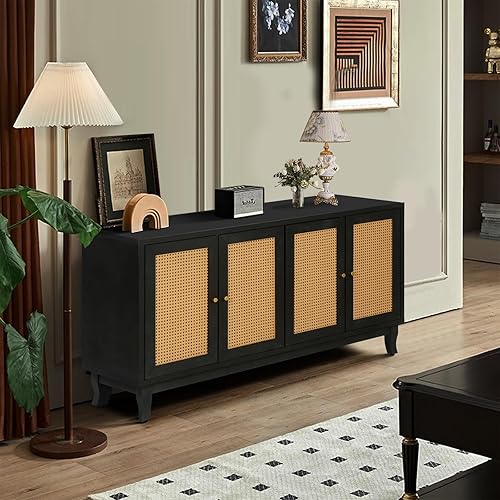 Rattan Sideboard Buffet Cabinet with Storage, 60" Sideboard with Four Doors and Adjustable Shelves for Kitchen Living Room Dining Room