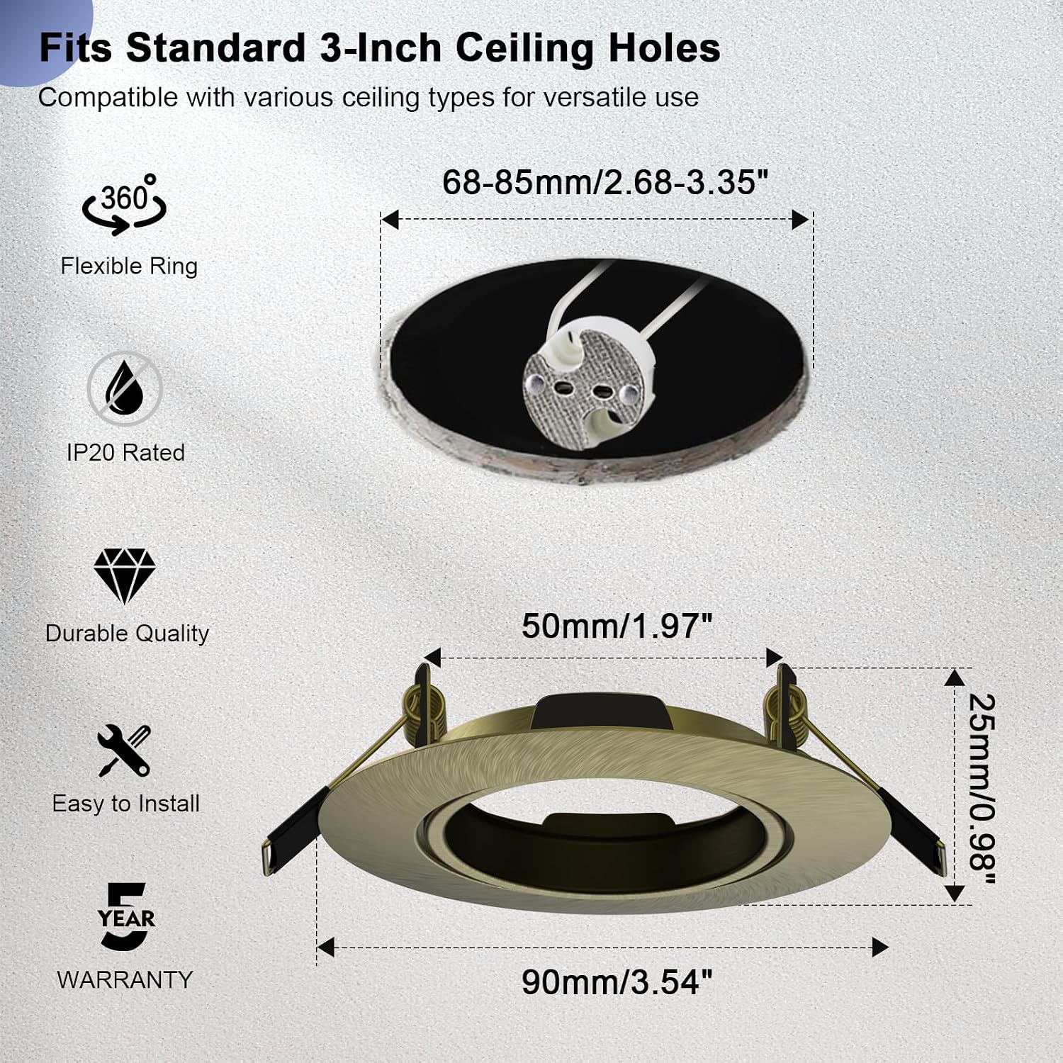 LTBLIGHT 10 Pack 3 inch Recessed Ceiling Downlight Fitting, Antique Brass image 3
