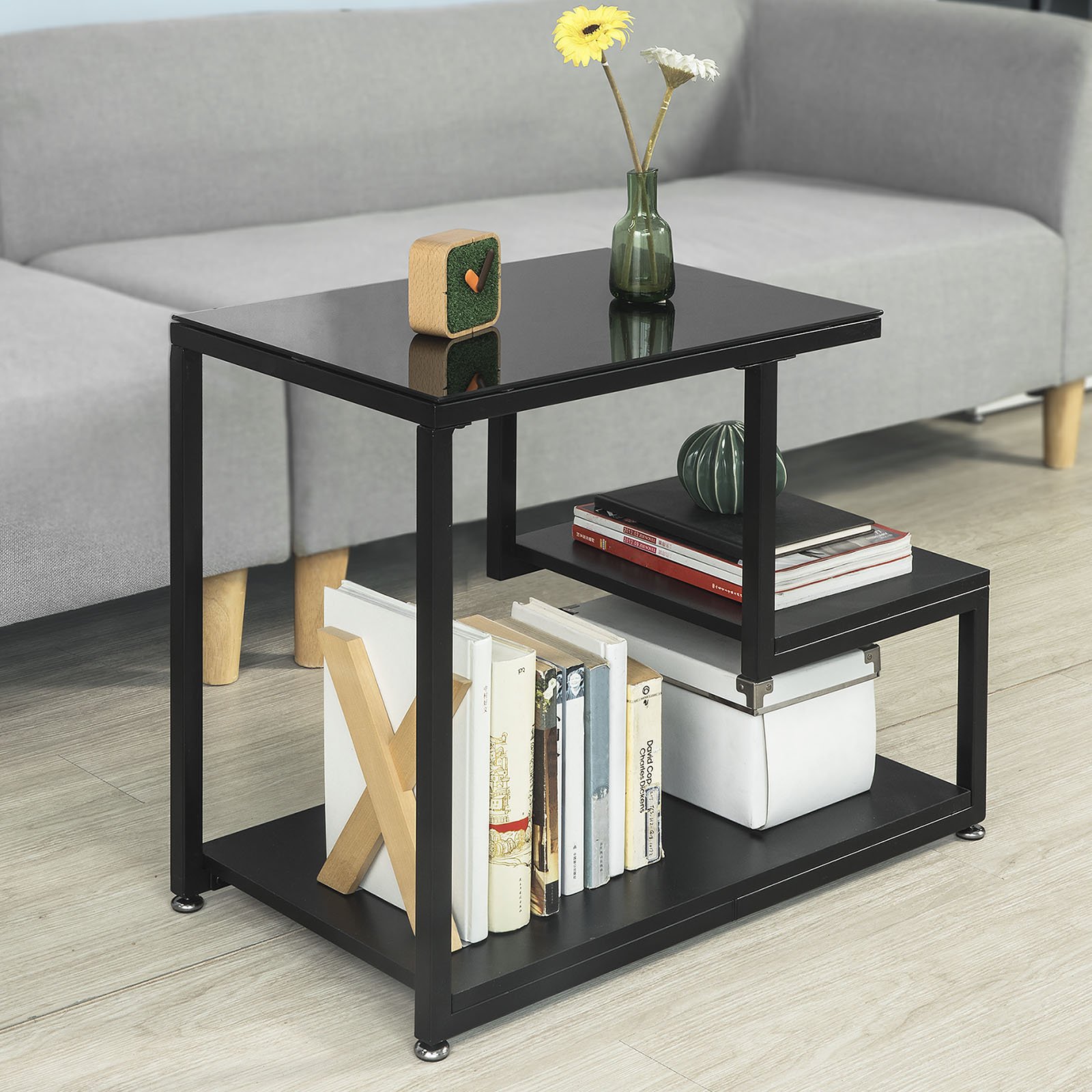 SoBuy Tavolino soggiorno con due piani, in vetro,legno e ferro.nero, FBT65-SCH
