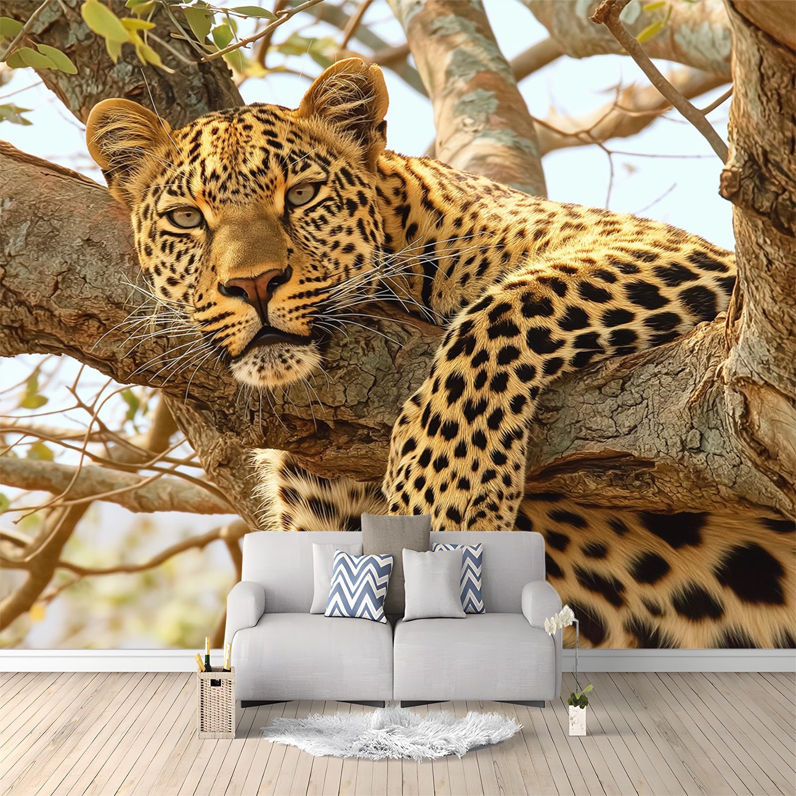 Fototapete 3D Effekt Tiere Leopard Akazie 250x175 cm Vliestapete Wohnzimmer Schlafzimmer Vlies Tapete Art Wandtapete UV-Beständig Wanddekoration Tapete