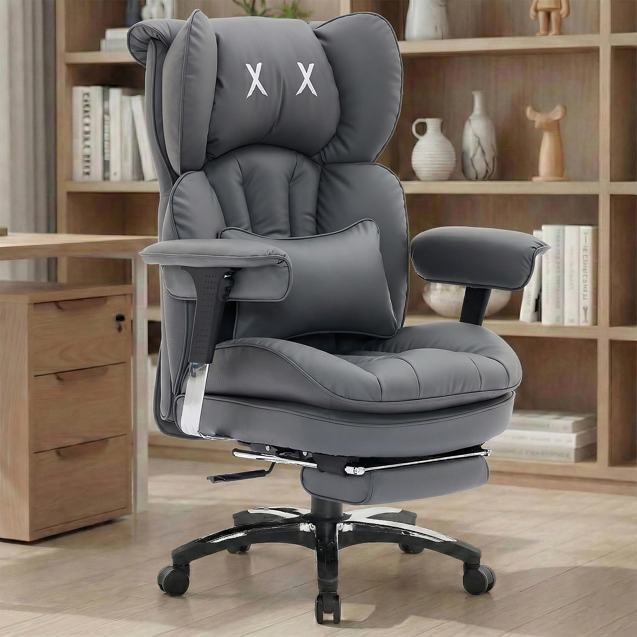 Efomao Bürostuhl, Ergonomischer Gaming Stuhl mit Kopfstütze-Design (X X), Gamer Sessel PU-Leder bis 200kg mit Fußstütze & Lendenkissen, Höhenverstellbarer Schreibtischstuhl