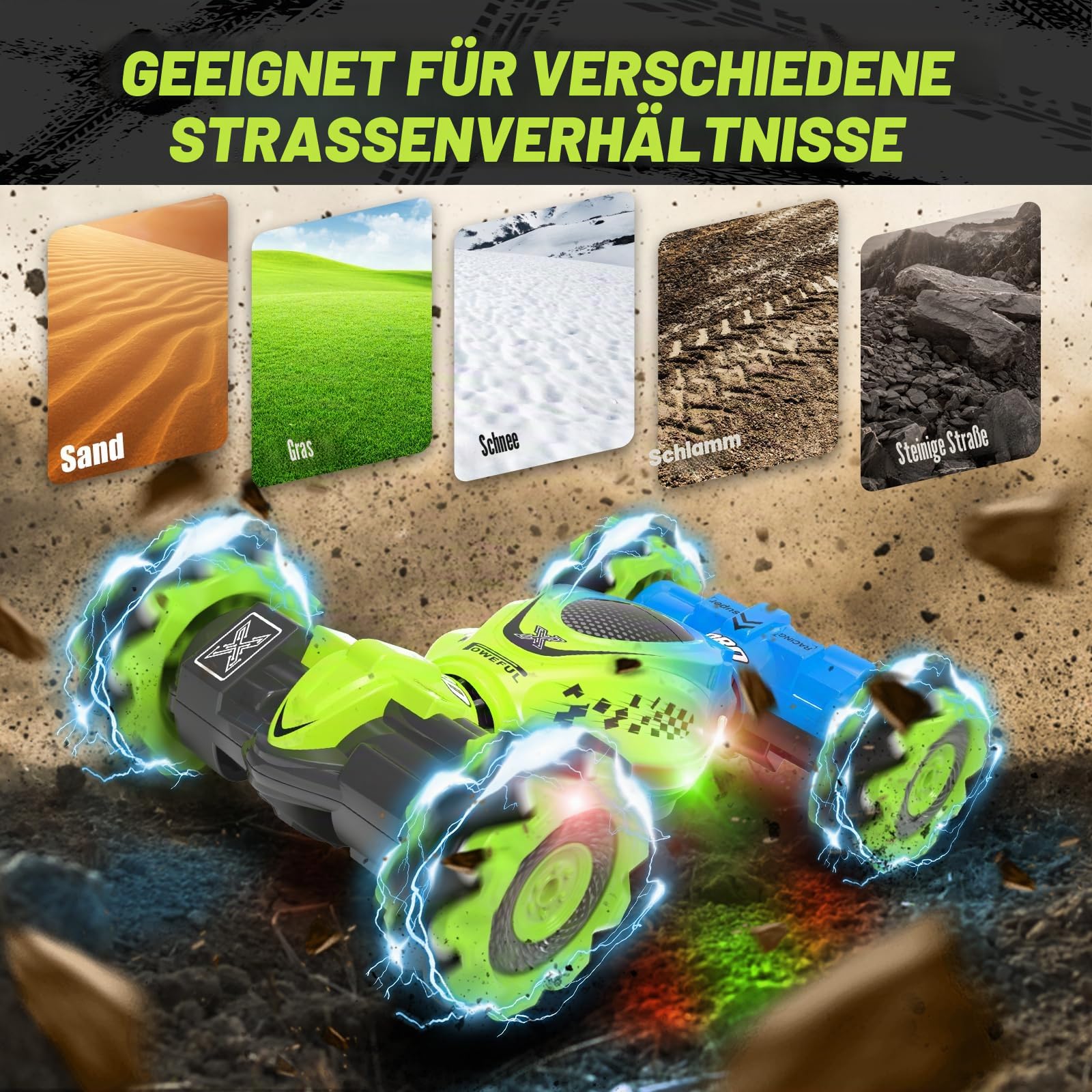 Dysaim Ferngesteuertes Auto RC Stunt Car Ferngesteuerte Auto mit Handsteuerung 2,4 GHz 4WD 360° Drehung Crawler Offroad 2 Akku Weihnachten Geschenk Spielzeug für Junge Mädchen ab 6 7 8 9 10 12 Jahre