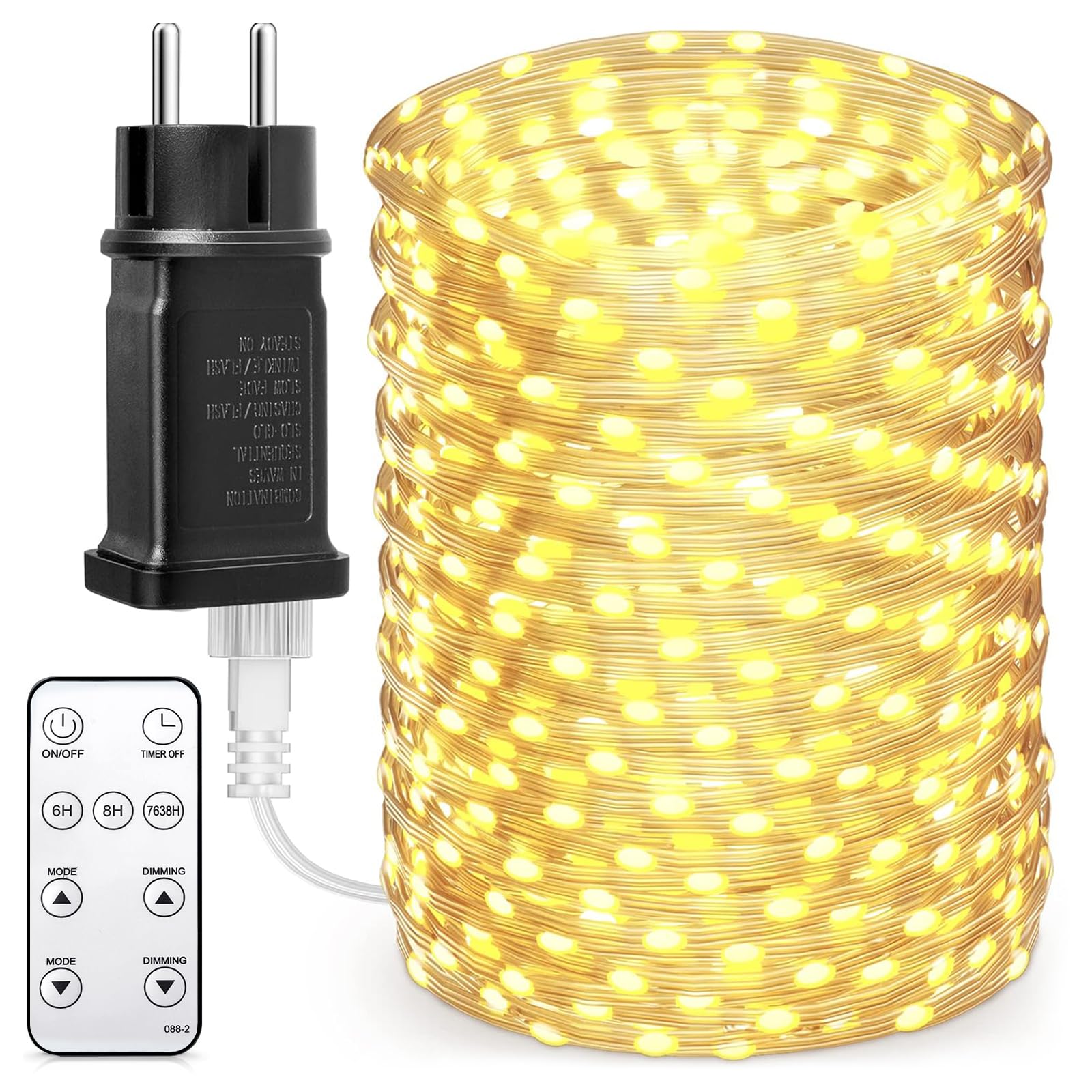BESCOST Lichterkette Außen mit Stecker, 100M 1000 LED Lichterkette Innen mit Fernbedienung, 8 modi Dimmbar Wasserdicht Fairy Lights mit Timer für Outdoor Garten Balkon Hochzeit Party, Warmweiß