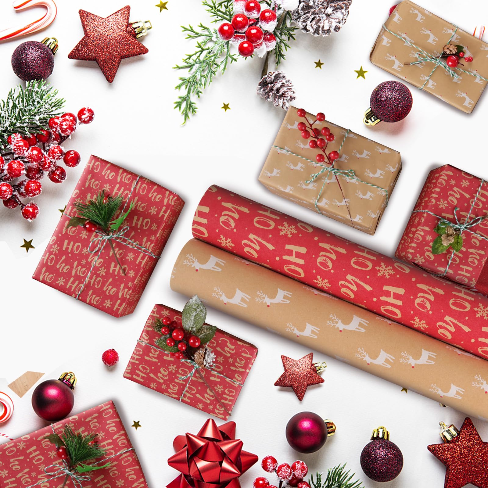 OTMVicor, Rotolo di carta regalo natalizia da 43 cm x 15 m, grande, in carta Kraft