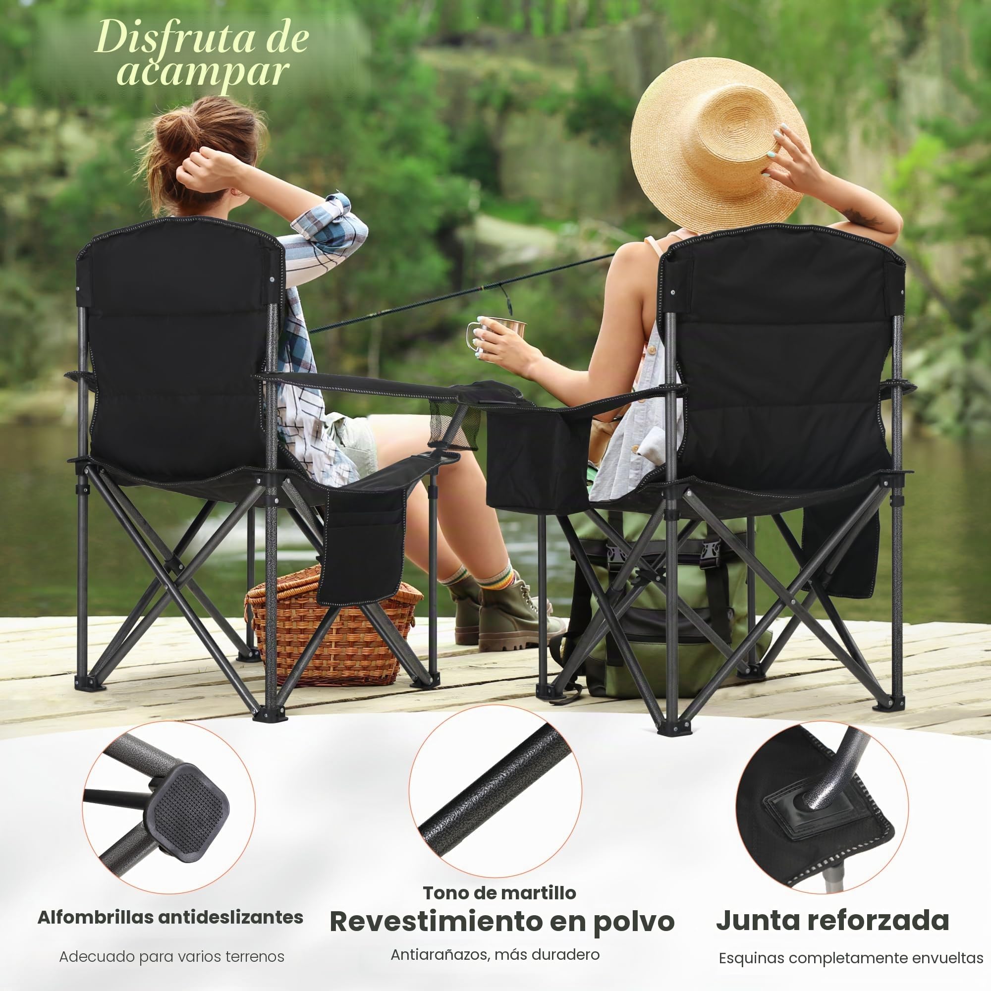 HIGH POINT SPORTS Silla Camping Plegable Silla Plegable Portátil de Gran Tamaño, Silla Plegable Negro Resistente al Aire Libre con Portavasos y Bolsa Enfriadora, Soporta 200KG