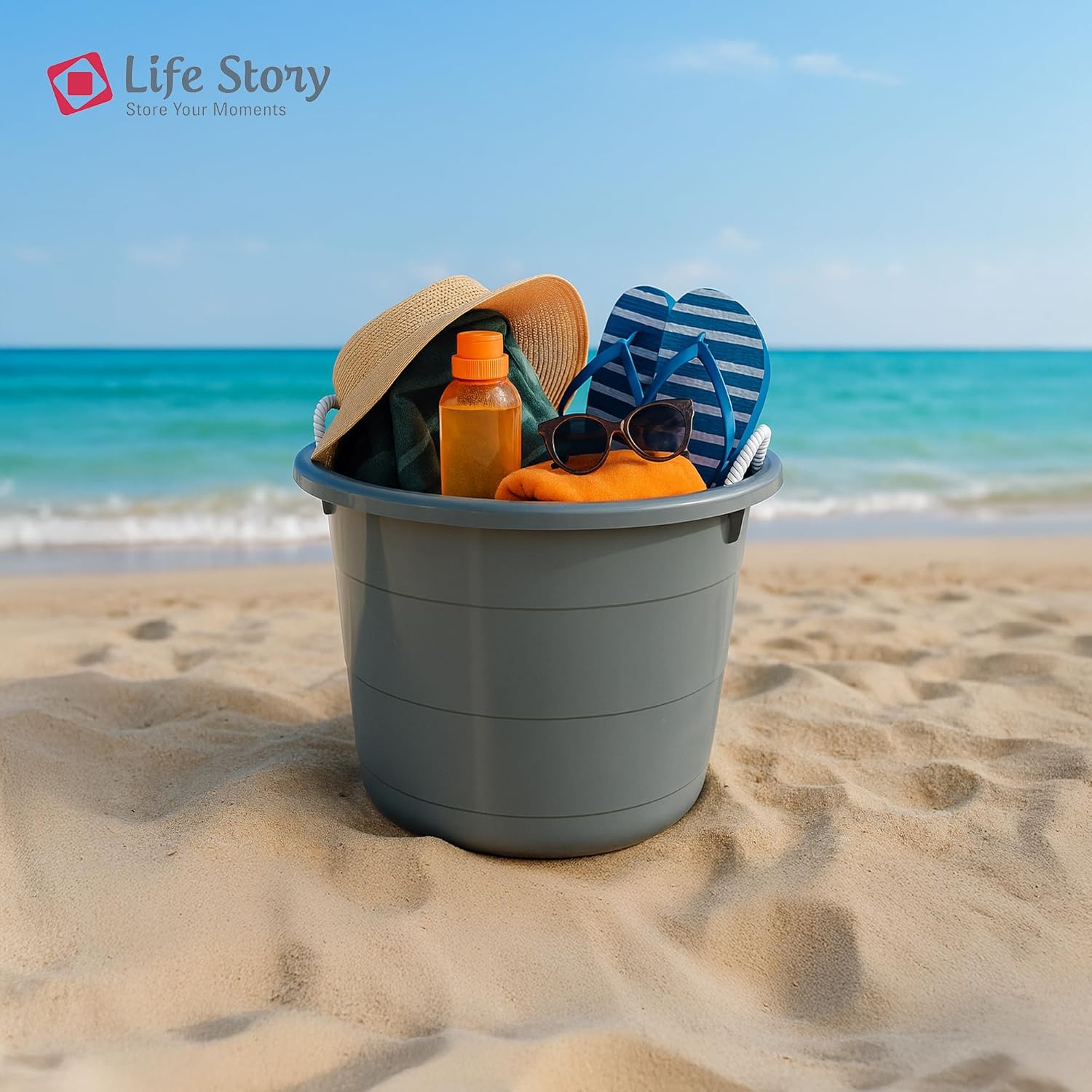 Life Story Open Storage Bucket, Round Plastic Container with Rope Handles, 17 Gallon, Gray, 2 Pack