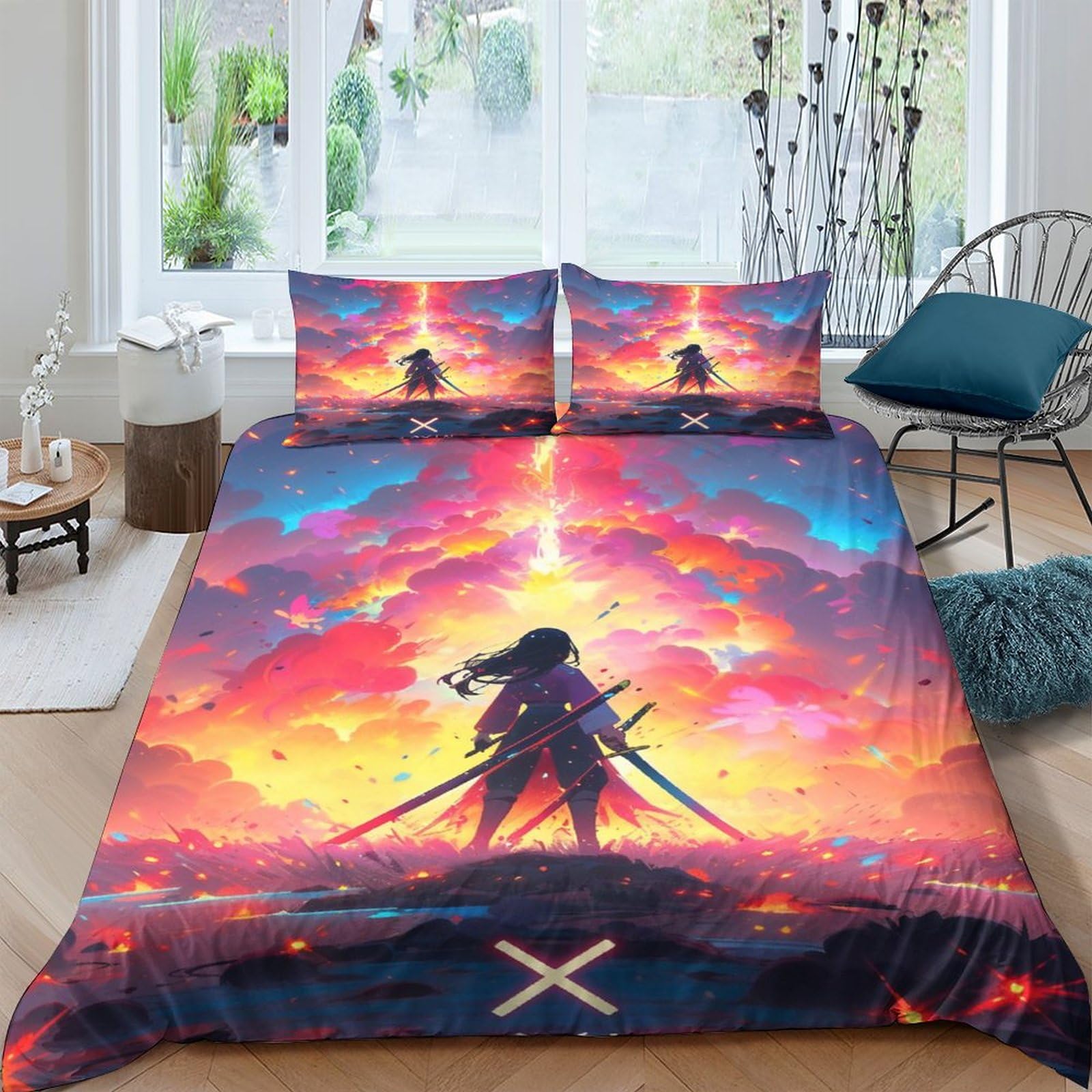 Housse de couette 3D 200x200cm multicolore en microfibre lit double avec taie d'oreiller