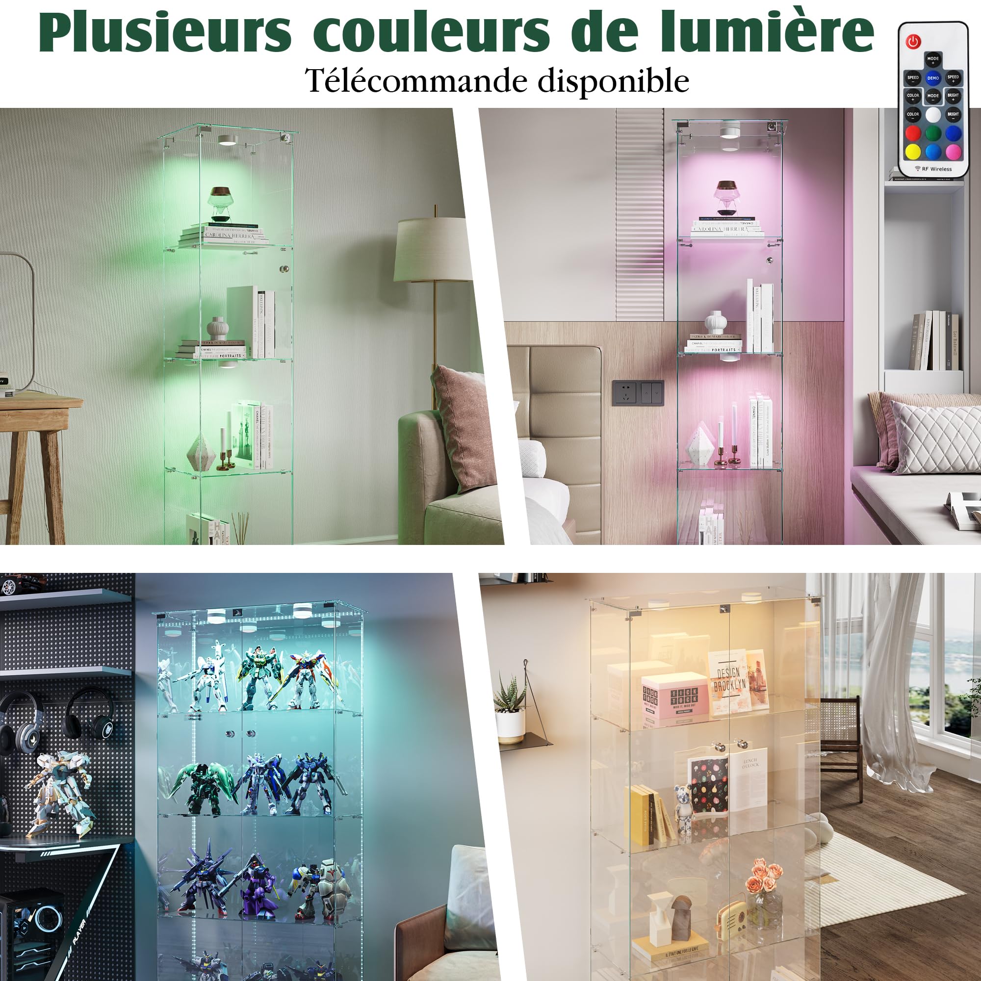 vitrina de cristal, armario de colección moderno de cristal de 4 capas, con luz LED multicolor, escaparate para manualidades, salón, libros (blanco, 1 puerta de 4 pisos)