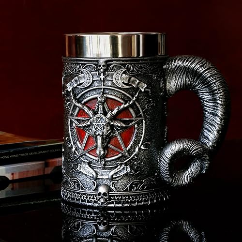 Miniatura 3 de alikiki Taza de cerveza medieval con cabeza de baphomet – Sabbatic Goat Pentagram Drinking Tankard de acero inoxidable de 21 oz taza de café para
