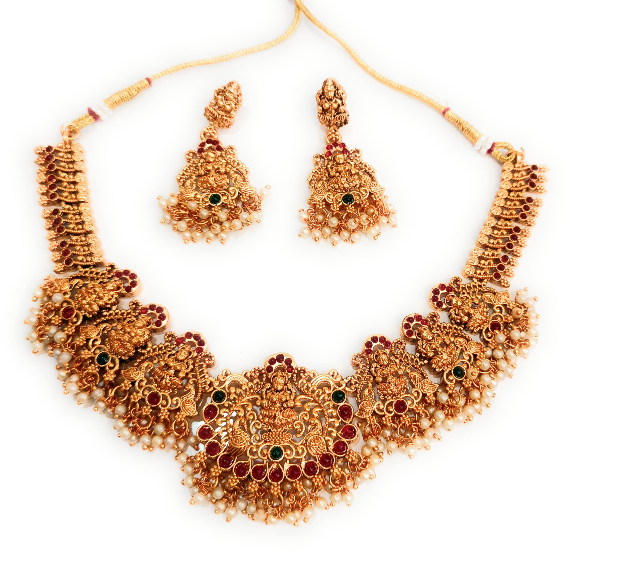 GenericRuby stones base Gold Plated Pearl and Diamond Studs based Red stones Choker Necklace Set for Women with Earrings