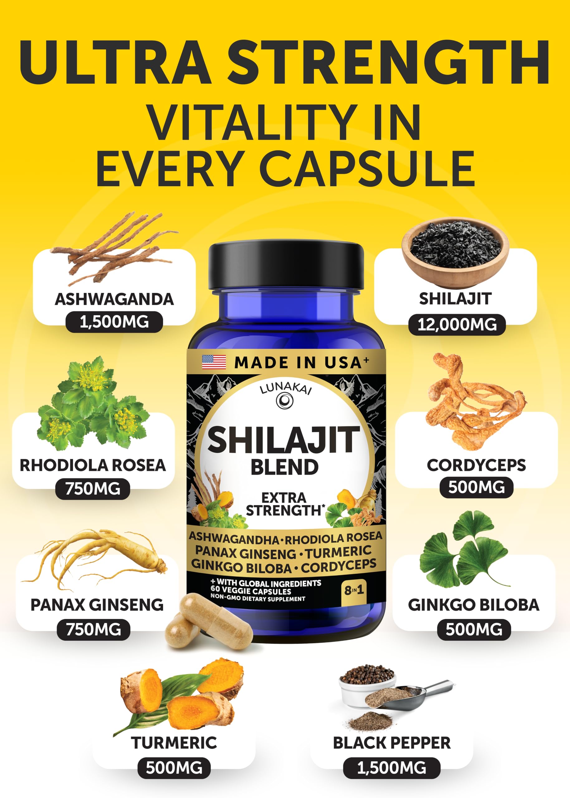 Lunakai USA Made 12000mg Pure Himalayan Shilajit Capsules for Men & Women — Amazon image 3
