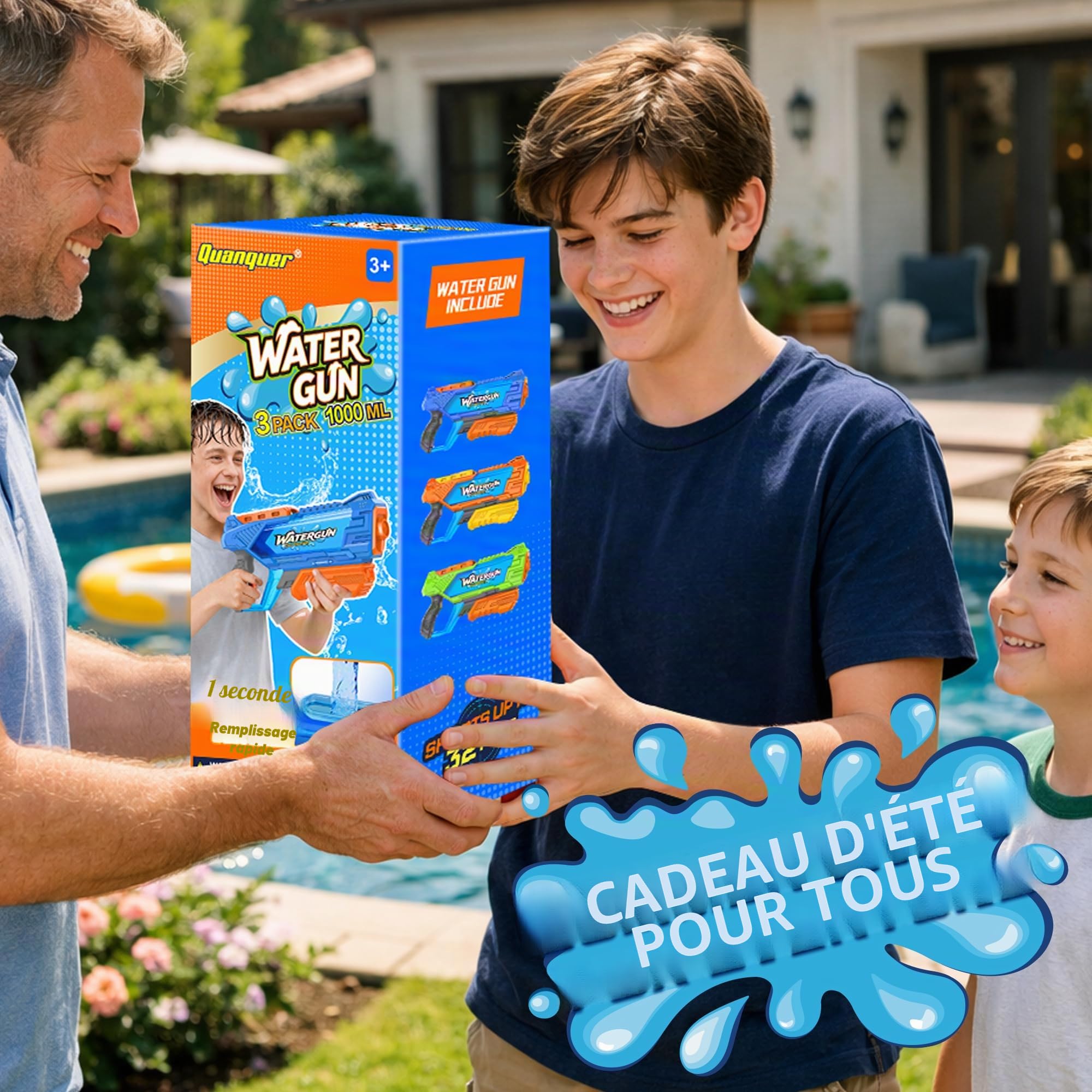 Quanquer 3 Pistolets À Eau De 1000 ML avec Grande Portée pour Enfants Et Adultes, Pistolet À Eau À Remplissage Rapide Jusqu’à 32 Pieds, Cadeau D’été Idéal pour Piscine, Plage Et Batailles D’Eau