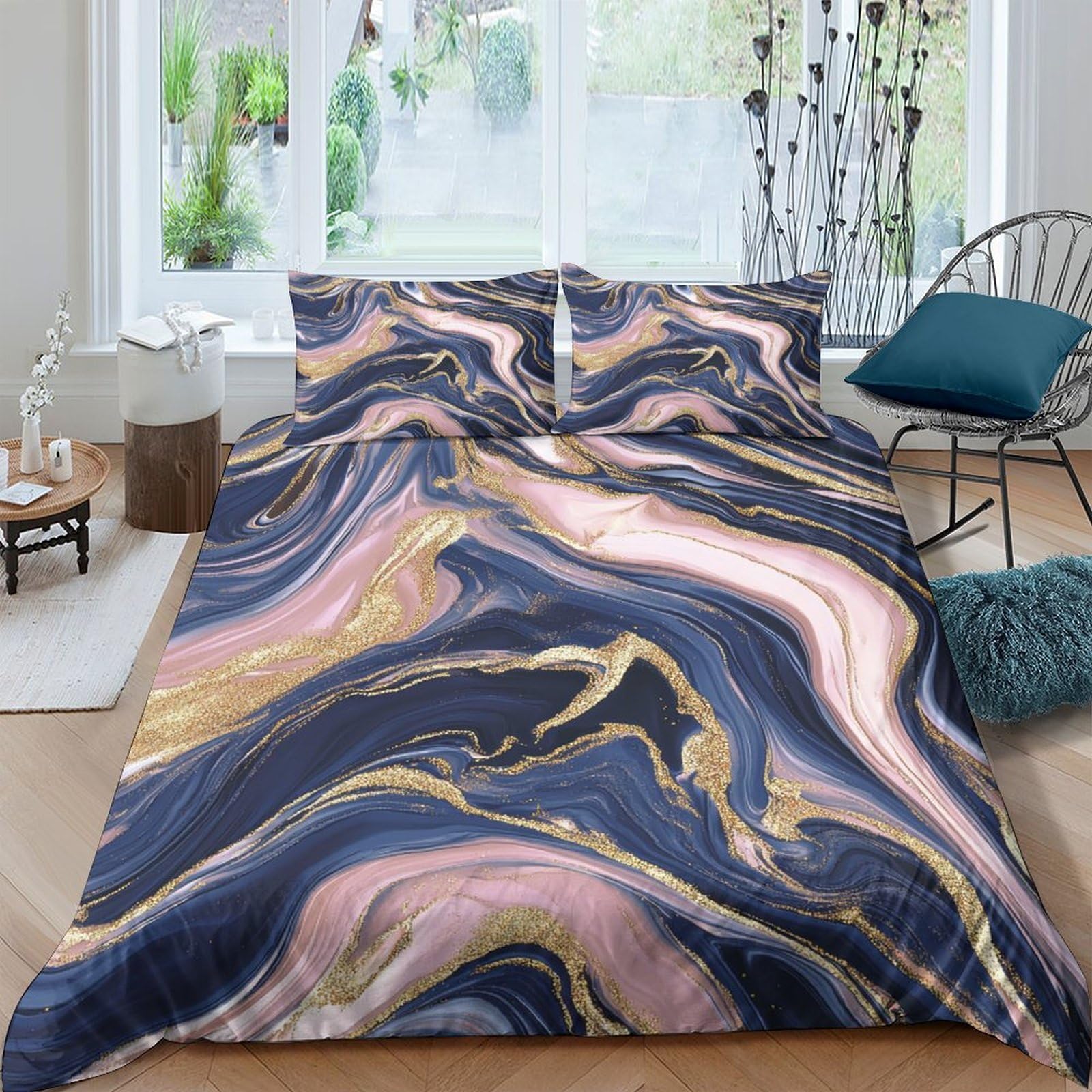 Ctjqhvkz Style-9 3D Printed Marble Swirl Fitted Sheet Microfiber Soft Abstract Gold Pink Bed Cover For Bedroom Dorm Mattress Decor Single（135X200cm）