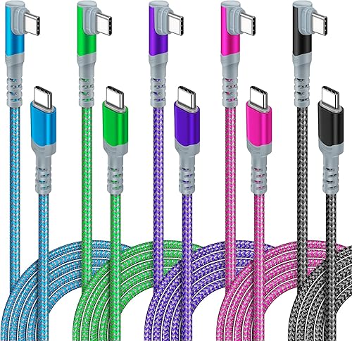 Paquete de 5 cables USB C a USB C de 10 pies en ángulo recto USB C extra largo 60 W3 A tipo C a tipo C cable de carga rápida compatible con Samsung