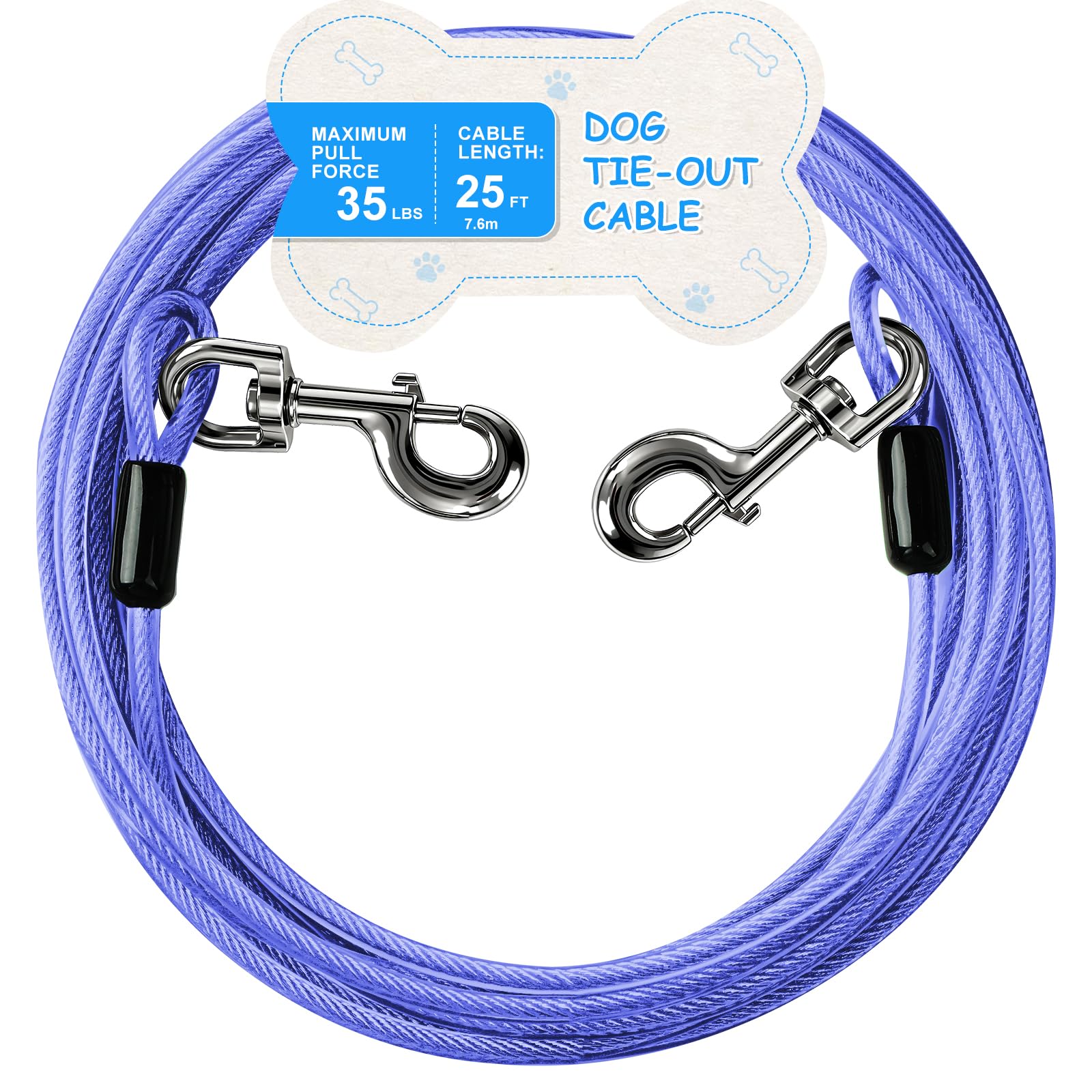Câble d'attache pour chien 15,9 kg long de 7,6 m avec mousquetons solides