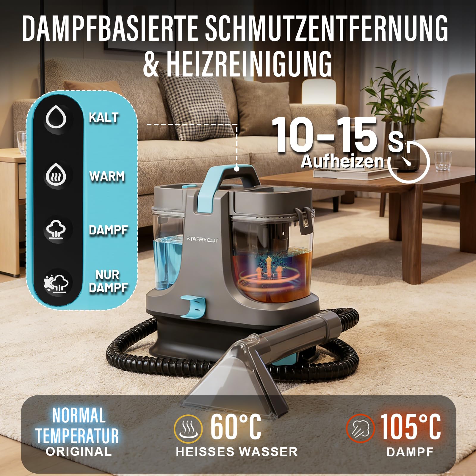 STARRYBOT 1500W Tragbarer Waschsauger Teppichreiniger mit Dampf- und Heiztechnologie, 18Kpa Nasssauger Polsterreiniger, Multifunktionaler Fleckenreiniger für Haustiere, Sofa, Teppiche & Treppen
