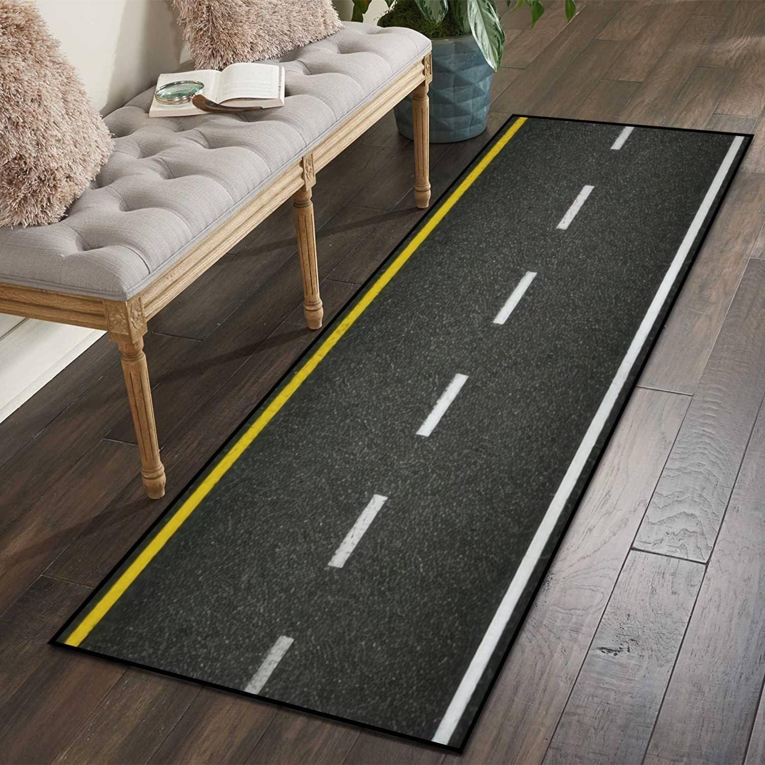 Kuluoits Race Track Runner Rug, 60x200cm Cartoon Black and White Road Print Carpet Kids Boys Girls Room Decor Entrance Rugs, Simple and Stylish Hallway Carpet Sfor Kitchen Bedroom Living Room