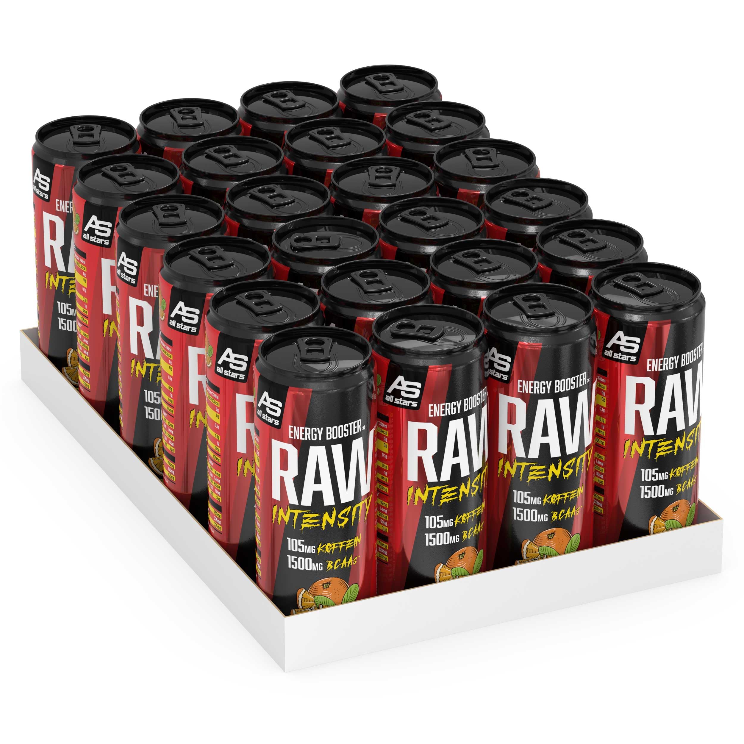 ALL STARS Raw Intensity Energy Drink zuckerfrei Orange, 24 x 330ml | Erfrischungsgetränk mit 1500mg Aminosäuren, 105mg Koffein und B Vitaminen, Pre-Workout Booster zur Trainingsunterstützung
