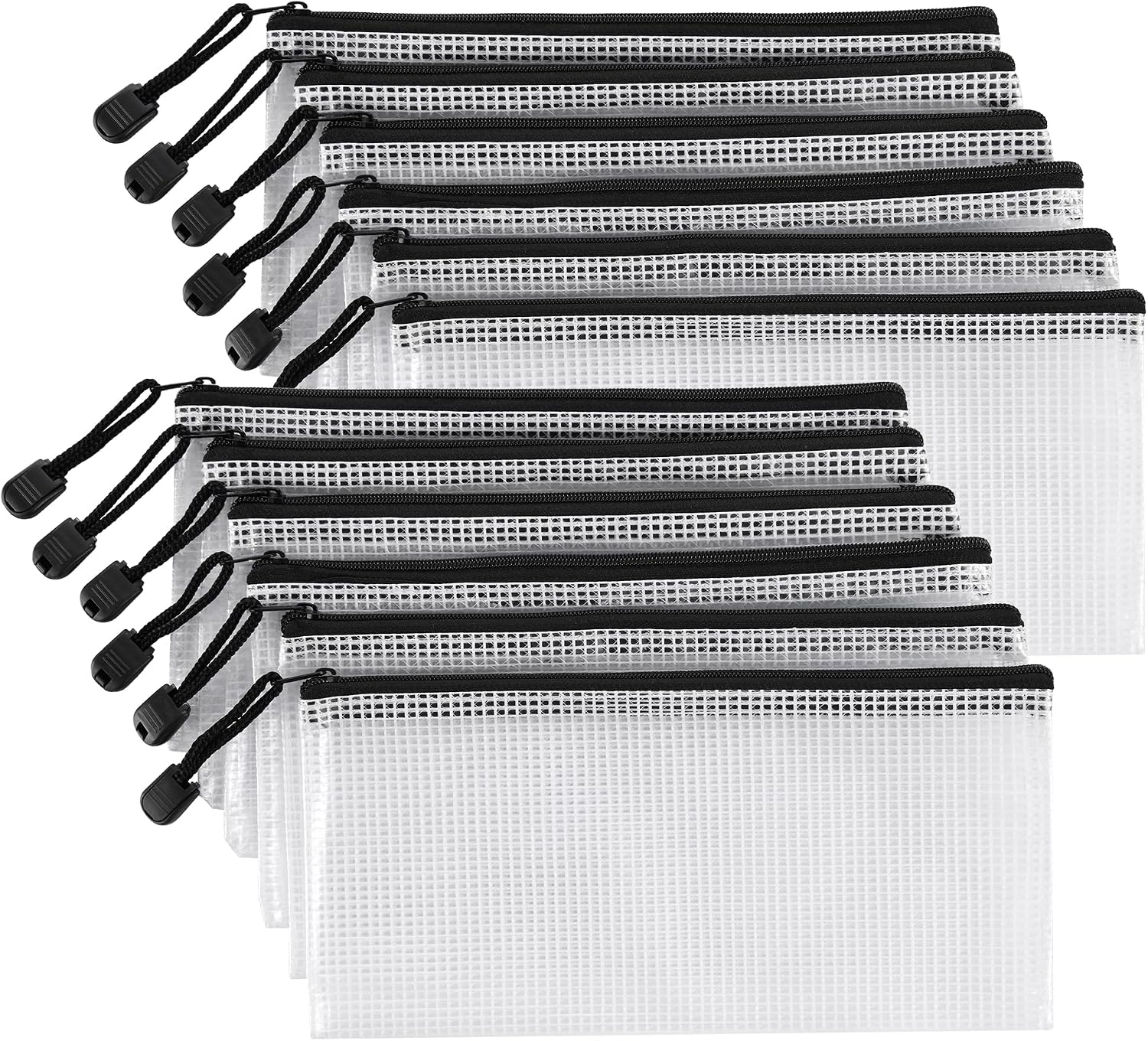 12 Pieces Clear Plastic Mesh Zip Pouch - Document Holder, Pencil Case, Waterproof Storage for Office Supplies, Bills, and Files.Black Zipper.