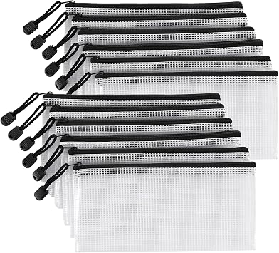 12 Pieces Clear Plastic Mesh Zip Pouch - Document Holder, Pencil Case, Waterproof Storage for Office Supplies, Bills, and Files.Black Zipper.