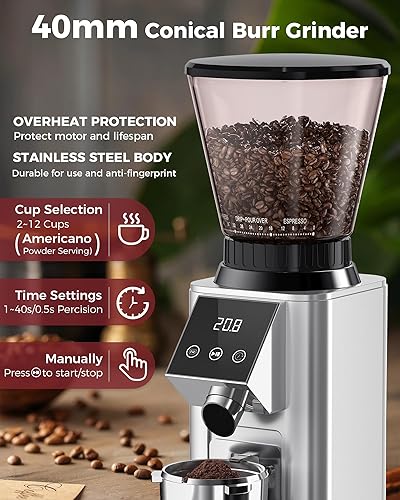 Miniatura 2 de Tuni G1 Molinillo de café con rebabas cónicas, 48 ajustes de molienda, molinillo de fresas antiestáticas, temporizador electrónico de precisión y