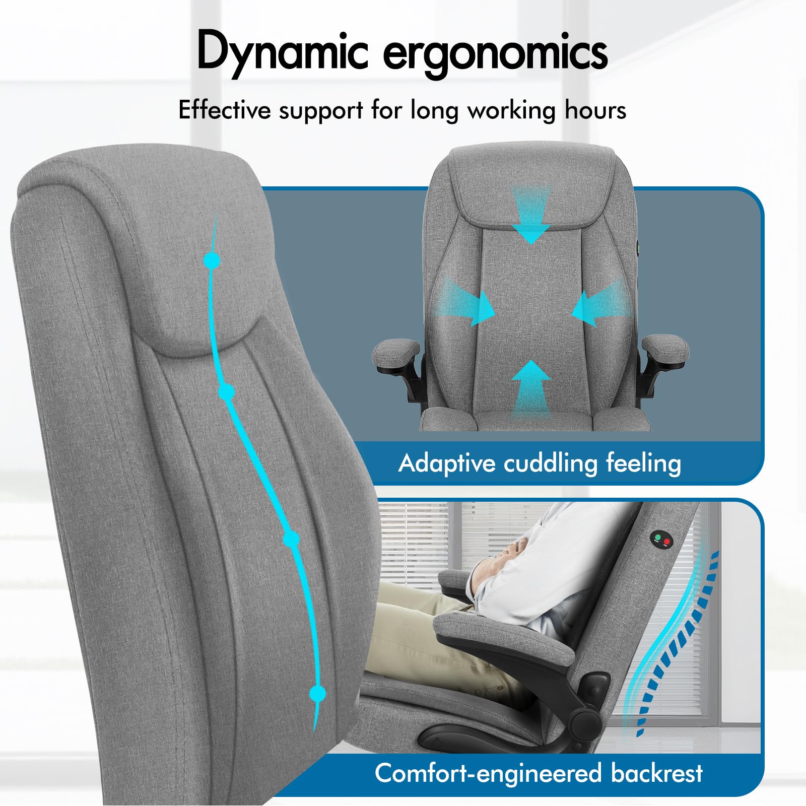 ALFORDSON Ergonomiczne krzesło biurowe z masażem, krzesło biurowe wykonawcze z wysokim oparciem, składane podłokietniki, funkcja przechylenia, do recepcji, domu, komputera, gabinetu, tkaniny lnianej
