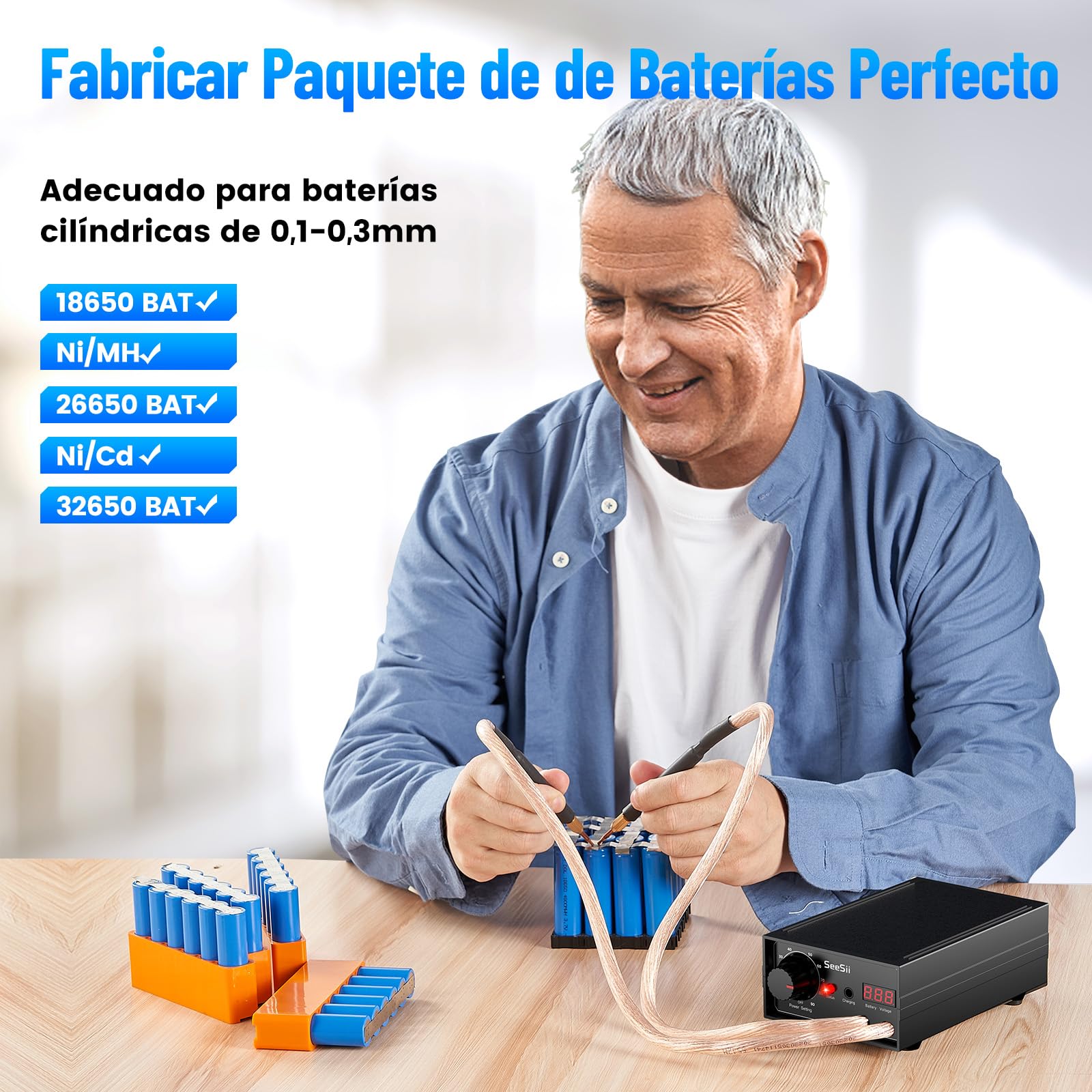 SEESII Soldador por Puntos de Doble Impulso para Baterías: Soldador Inalámbrico 9600mAh con Indicación de Voltaje en Tiempo Real, Niveles Ajustables, para Reparación y Montaje de Paquetes de Baterías