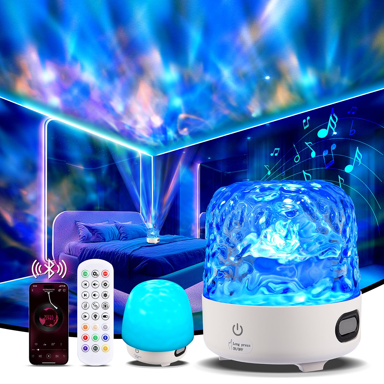 Ocean Wave Projector Lamp, Night Light with Bluetooth Speaker and Remote Control, 16 Colors of Galaxy Projector Sensory Lights, Perfect Choice for Room Decor, Bedroom Accessories and Gifts (Round)