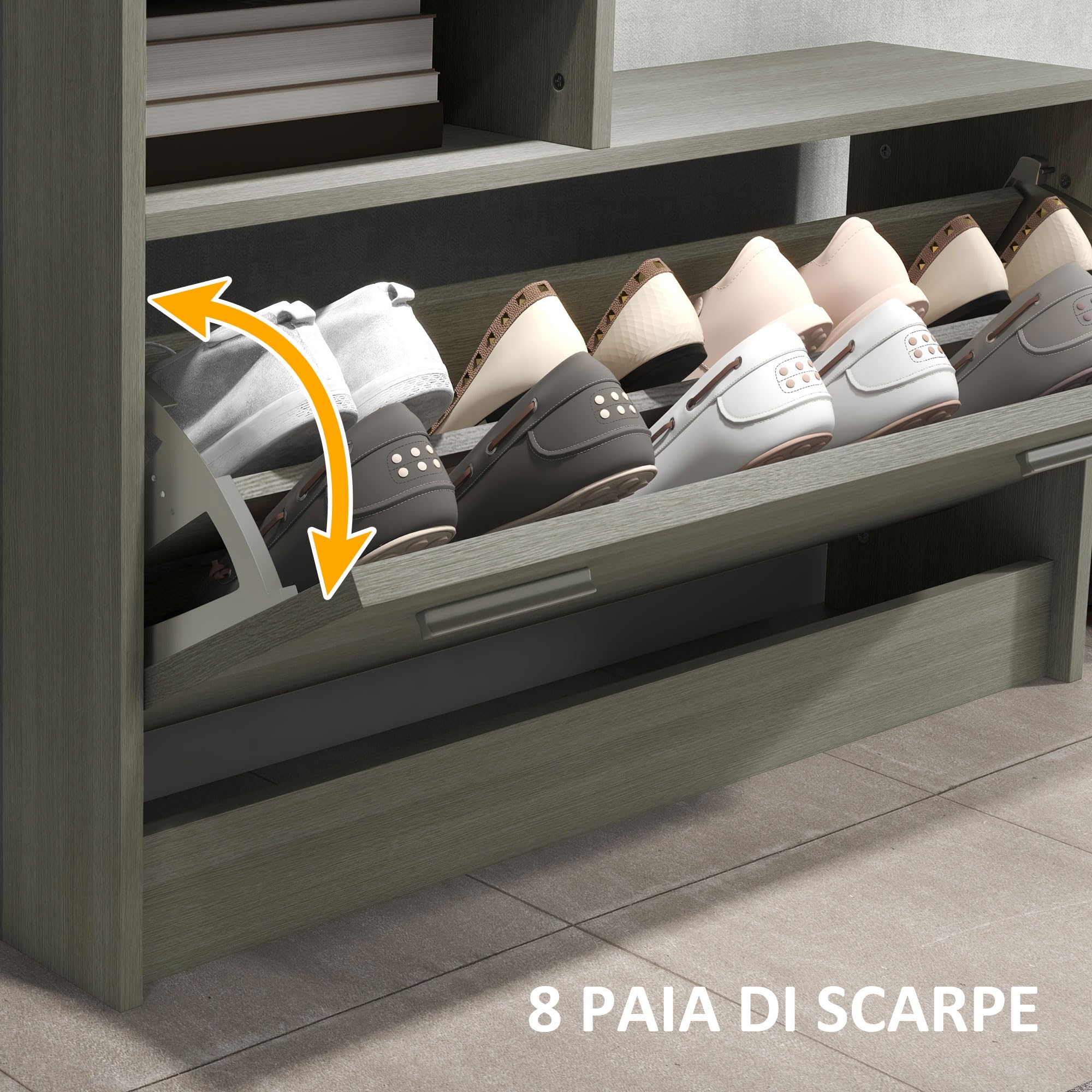 HOMCOM Set 4 in 1 Mobili da Ingresso con Appendiabiti, Specchio, Panca con Scaffale e Scarpiera per 8 Paia di Scarpe, Grigio