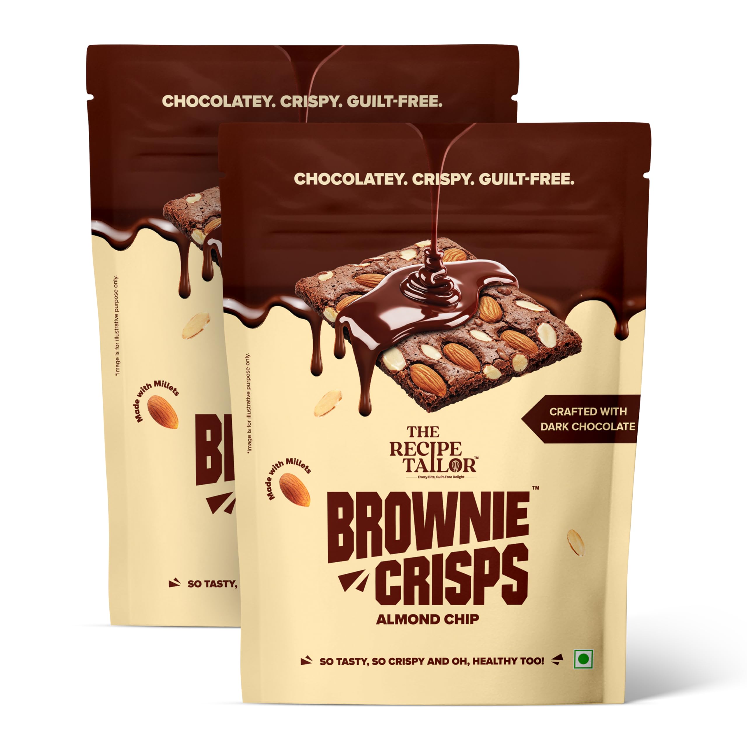80% Dark Chocolate The Recipe Tailor Almond Chip Brownie Crisps | Tasting Healthy Dessert Snack | Made with Jowar | No Maida, No Refined Sugar, No Preservatives | Pack of 2 (50g each)