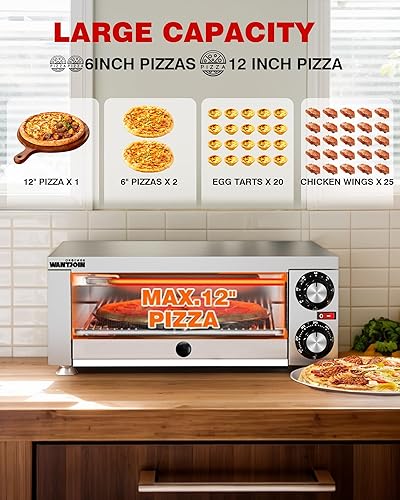Miniatura 4 de Wantjoin Horno de pizza para interiores Hornos eléctricos de pizza de acero inoxidable para encimeras, para pizzas de 12 pulgadas, con bandeja de