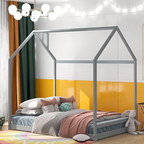 Cama tamaño individual con diseño de casa con techo, requiere base de colchón