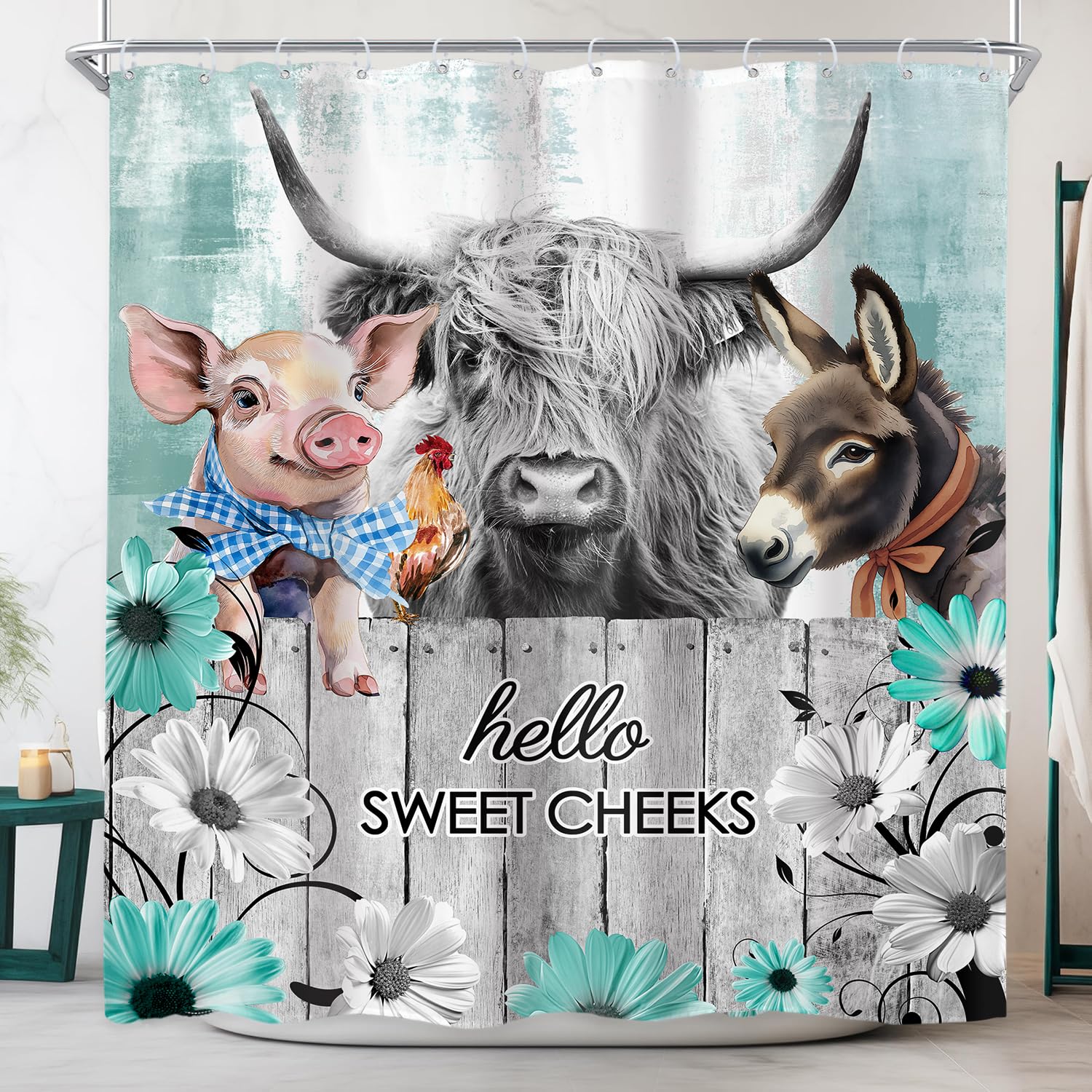 Newsely Rustic Funny Highland Cow Shower Curtain 60Wx72H Inch Teal Floral Daisy Farmhouse Western Animal Donkey Chicken Pig Bathroom Set Bull Wooden
