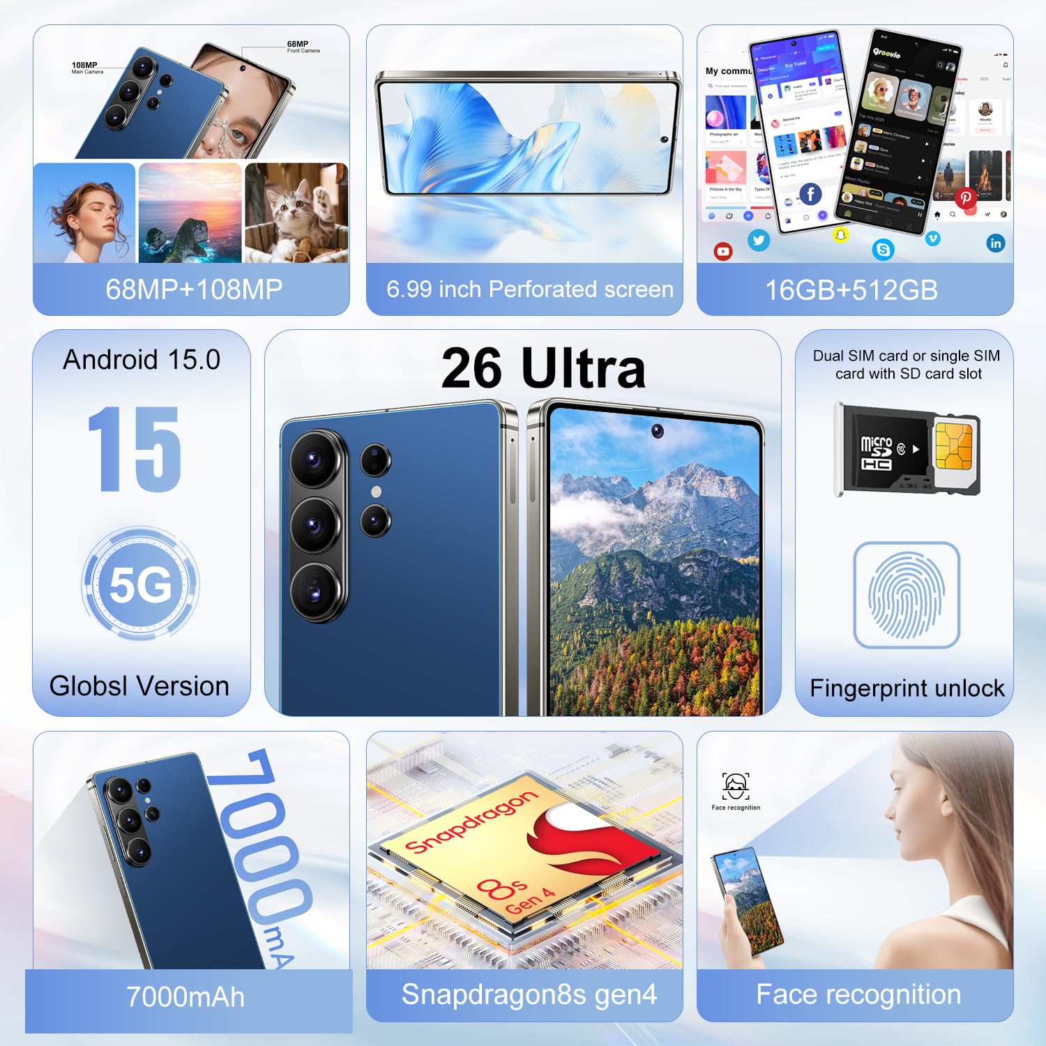 Huness S26 Ultra Unlocked Phone,Built in Pen The Phone,Cell Phone Battery 7000mAh 6.99" HD Screen,Android 15 16+512GB Smartphone,Dual SIM/5G/Face ID/Fingerprint Lock/GPS (Deep Blue, 16+512G) — view 2