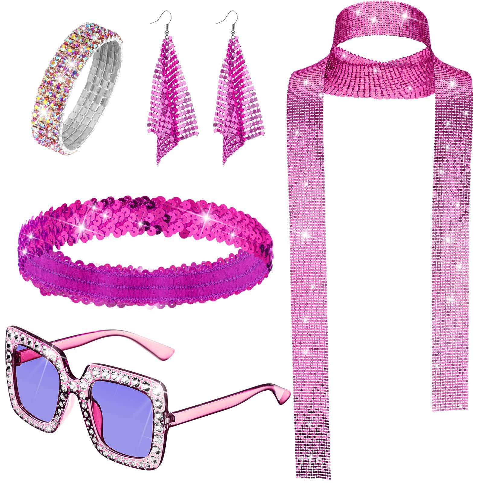 Disco Fancy Dress Women 5pcs, 1970s Disco Fancy Dress Costume Set Sequins Scarf Earrings, Sunglasses Bracelet and Headband 1970s Fancy Dress for Girls Women 70s 80s Discos Theme Party (Rose Red)