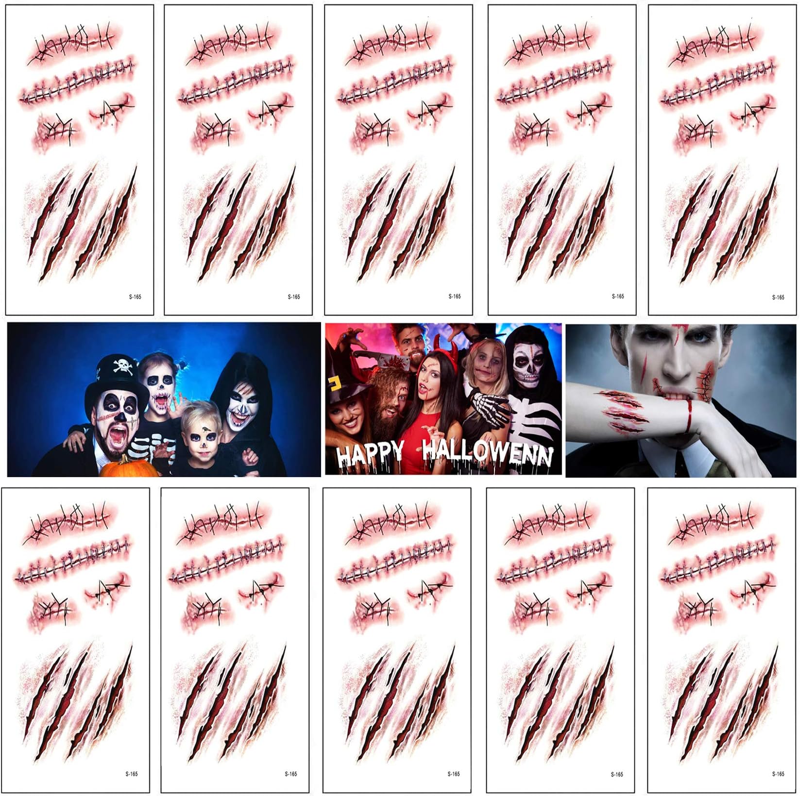 10 Sheets Halloween Scar Temporary Tattoos, Realistic Fake Face Wound Stitch Tattoo Sticker Waterproof Zombie Makeup Prank Props