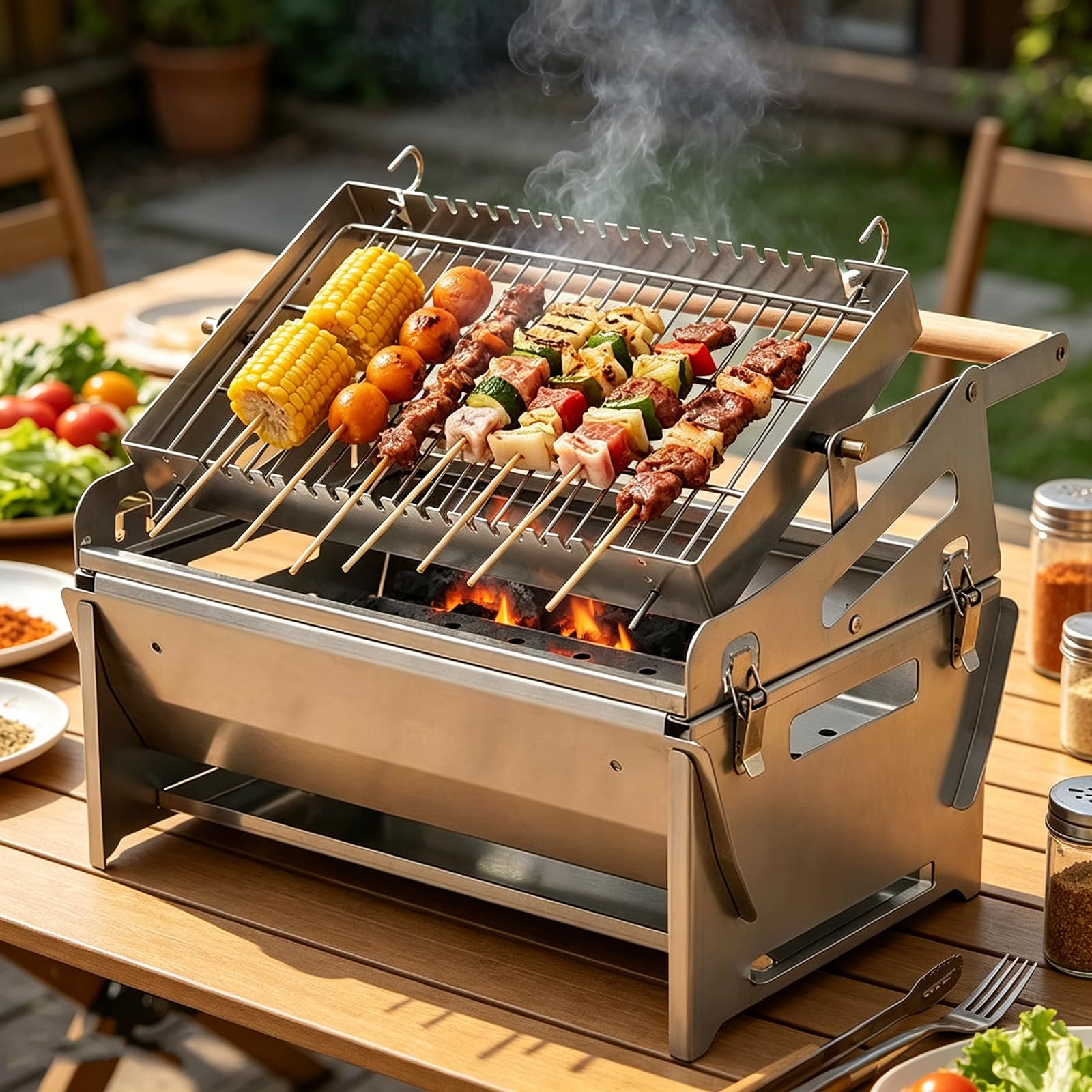 Stainless Steel Rotating Charcoal Grill Flip BBQ Barbecue Rack