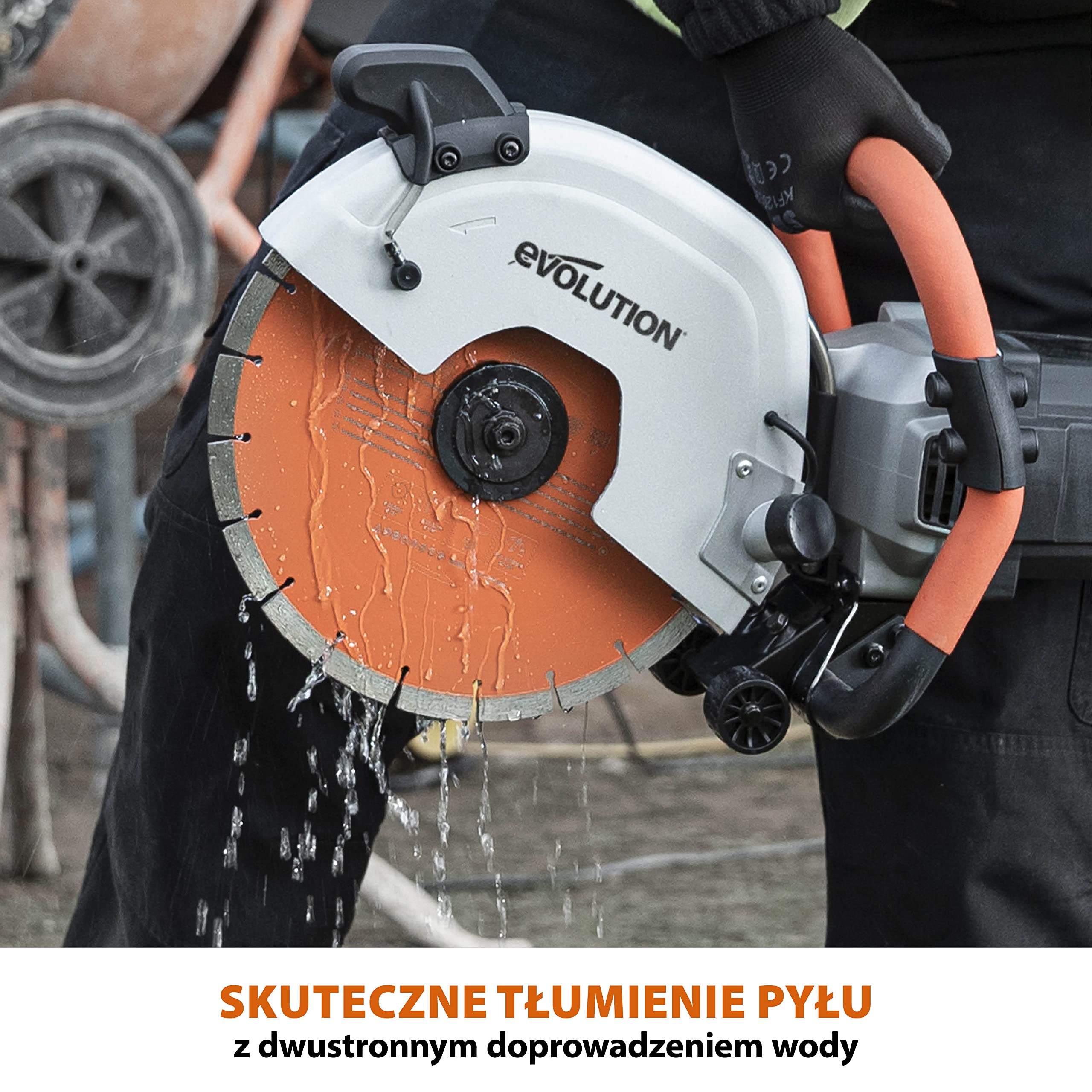 Evolution Power Tools Elektryczna przecinarka tarczowa i pilarka do betonu R300DCT+ z funkcją tłumienia pyłu z użyciem wody i tarczą diamentową Premium 300 mm