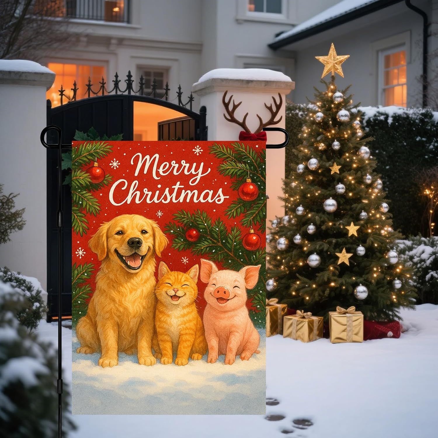 Christmas Garden Flag 12x18 Inch Golden Retriever Dog Cat Pig Outdoor Flag Double Sided Holiday Yard Banner with Red Snowy Background for Porch Lawn Patio - Image 5