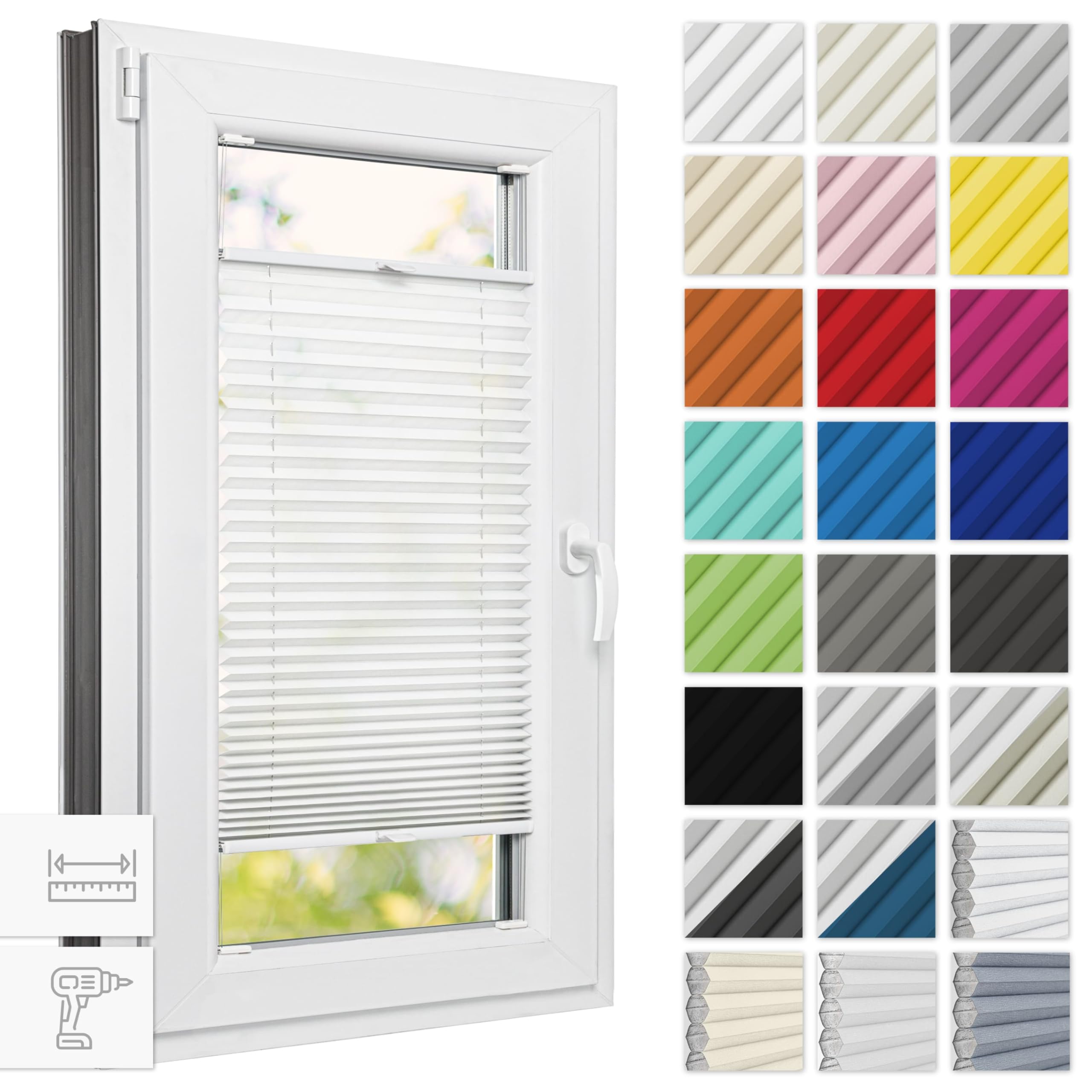Estika Plissee mit Bohren 65 cm x 100 cm - Weiß - Rollos für Fenster, Jalousien Fenster für innen, Raffrollo, Fensterplissee
