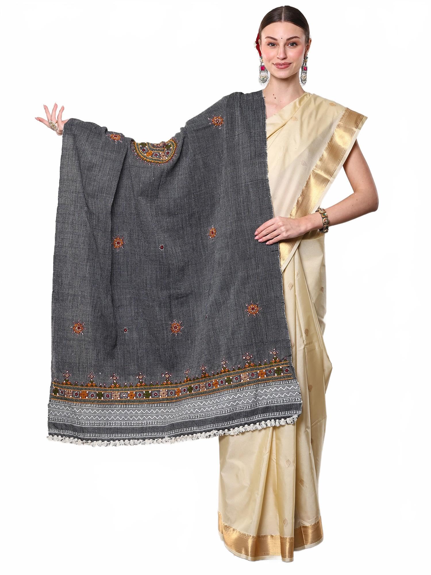 exotic india Women's Pure Wool Shawl from Kutch with Central Embroidered Chakra and Mirrors Ethnic Design Stole, Scarves-picture-39