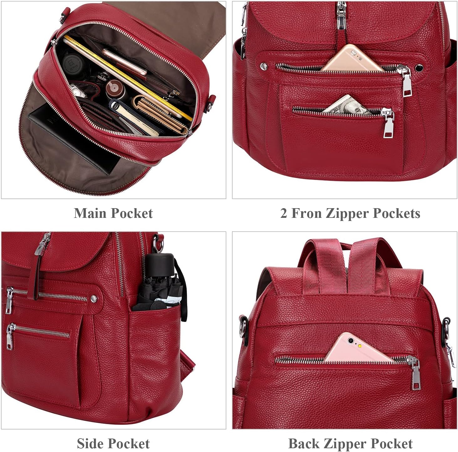 ALTOSY Leather Backpack Purse for Women Fashion Casual Handbag with Multi Pockets and Flap (S107 Wine Red) - Image 6