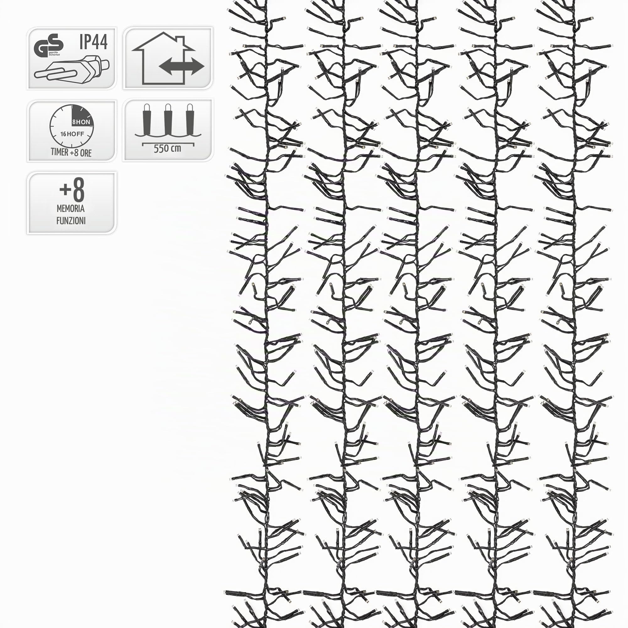 ECD Germany Catena Luminosa Grappolo 5,5 m 768 LED Bianco Caldo con Timer e 8 Modalità di Illuminazione Alimentazione a Rete IP44 Luci Cluster per Albero Natale Interno Esterno Lucine Decorative Patio