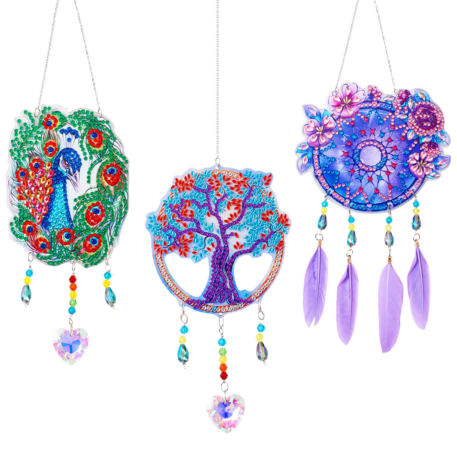3 DIY Diamant-Malerei Sets Für Windspiele - Pfau, Baum Des Lebens, Blume Mit Strasssteinen & Zubehör