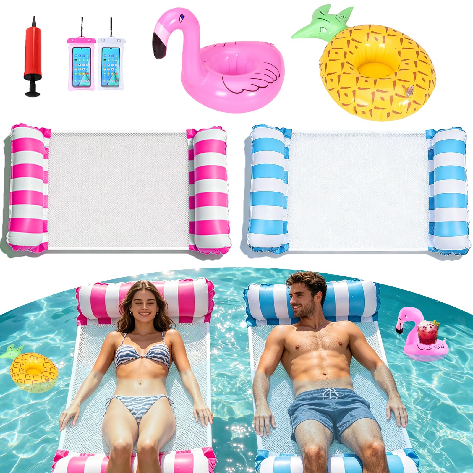 7Pcs Swimming Pool Floats Hammock with 2 Drink Holders, 2 Waterproof phone pouch and 1 Air Pump, 6 in 1 Water Hammock Floats for Adults Kids, Inflatable Pool Floats for Beach Lazy River Seaside