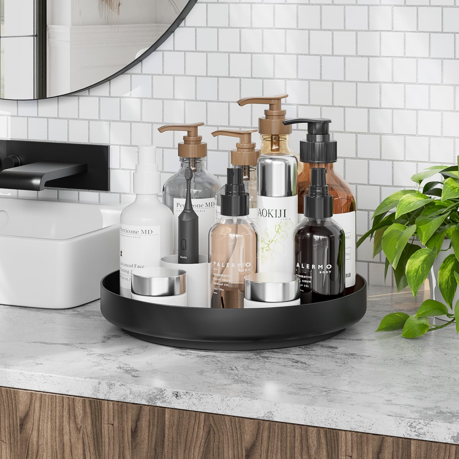Organizador giratorio para especias, Lazy Susan – Bandeja giratoria de metal 360°, organizador de 28 cm para despensa de cocina, mueble de baño, frigorífico, mesa, negro
