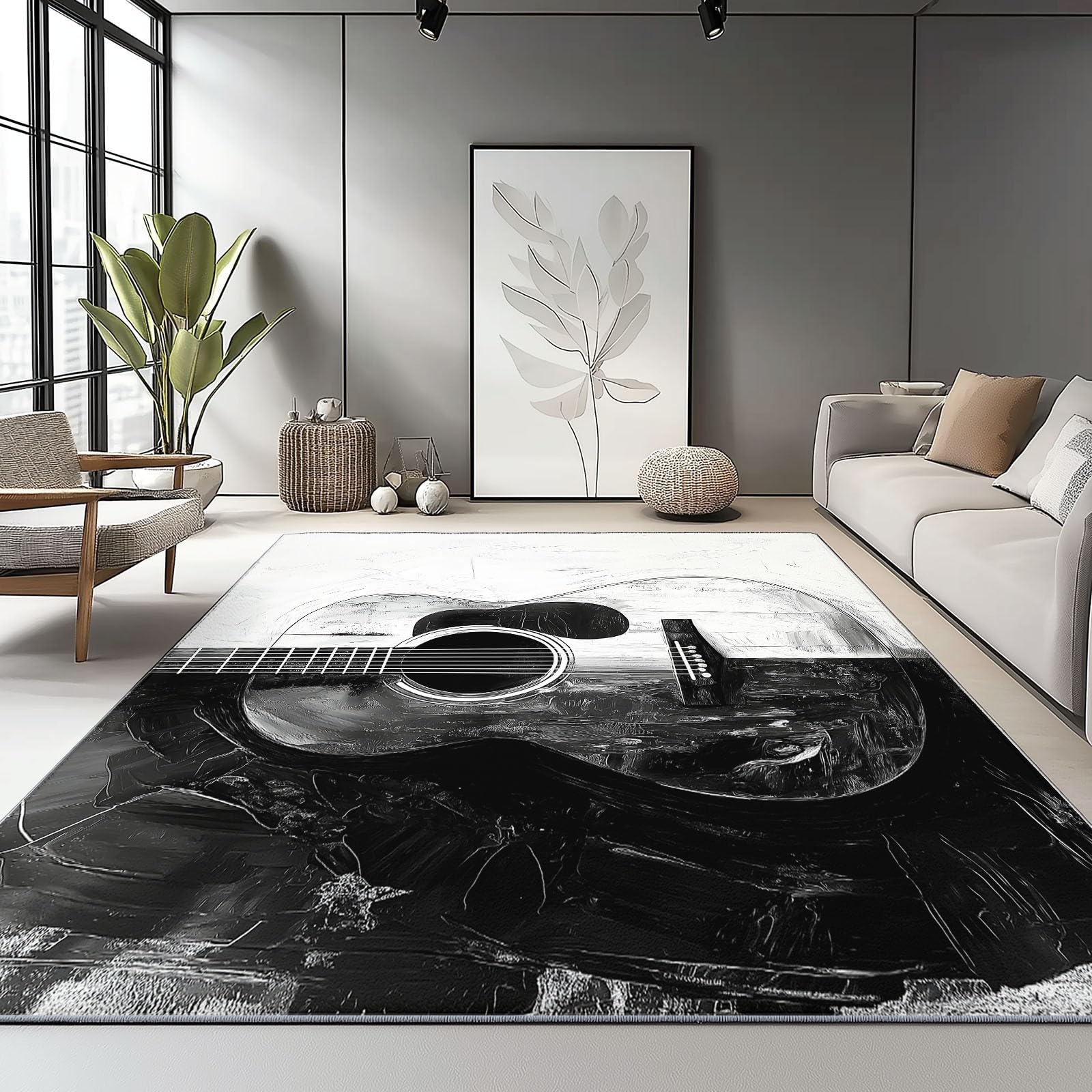 Area Rugs 4 x 5 Ft Easy Clean – Music Guitar Design Waterproof Carpet Stain Resistant Non-Shedding Non-Slip Black White Soft Low Pile for Living Room